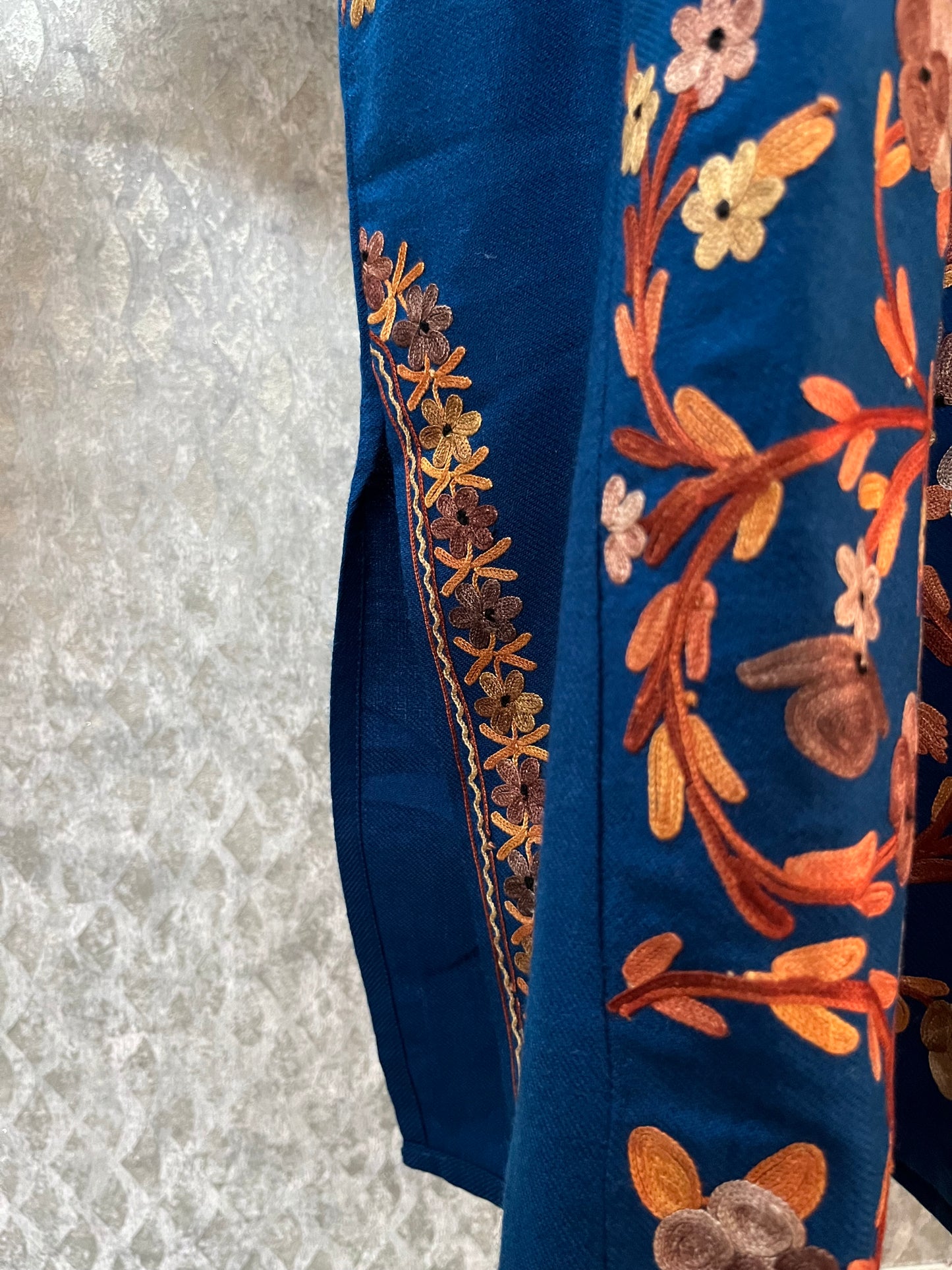 Peacock Blue Aari Embroidered Wool Pheran