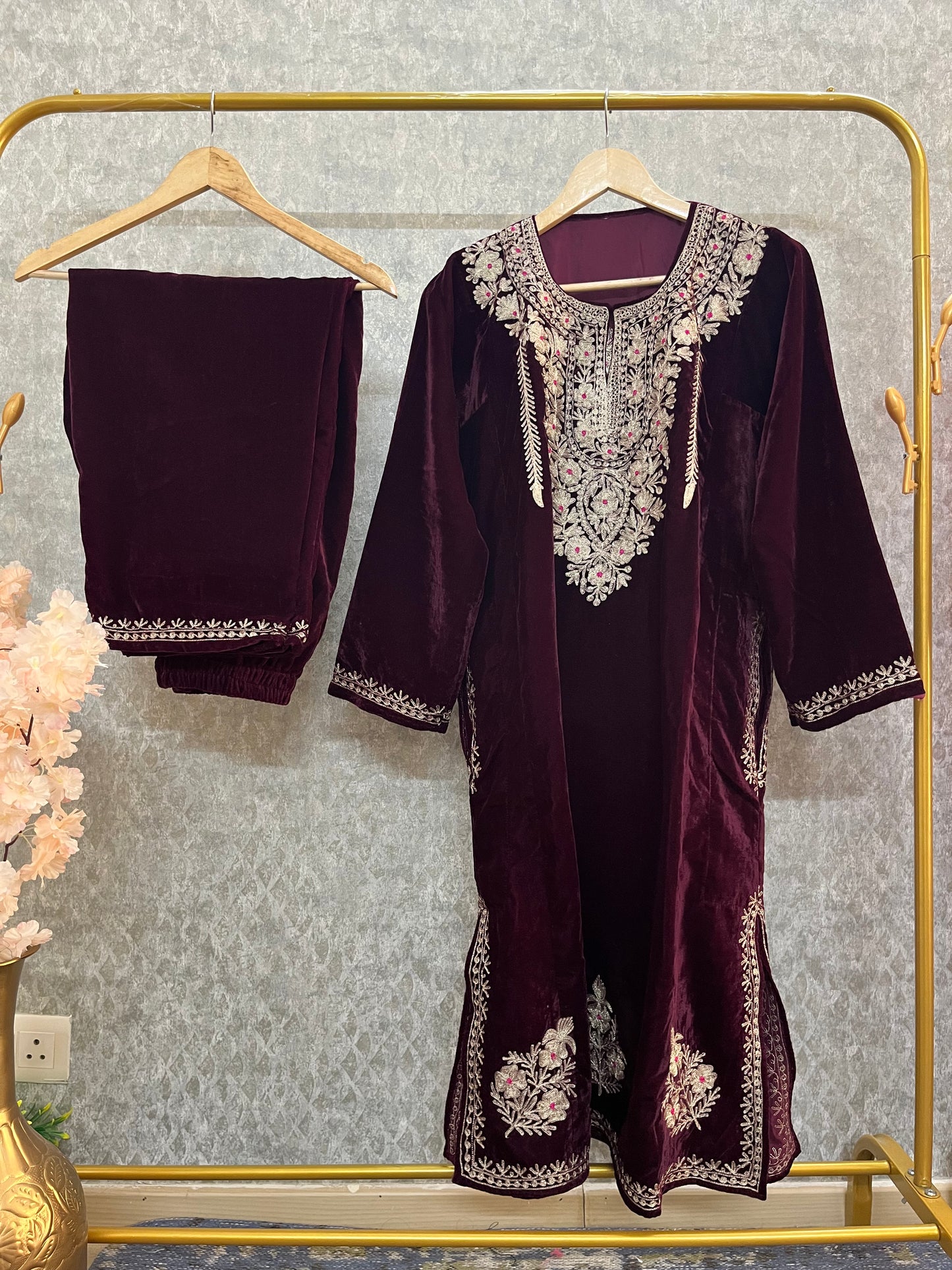 Wine Velvet Tilla Pheran (Size 50)