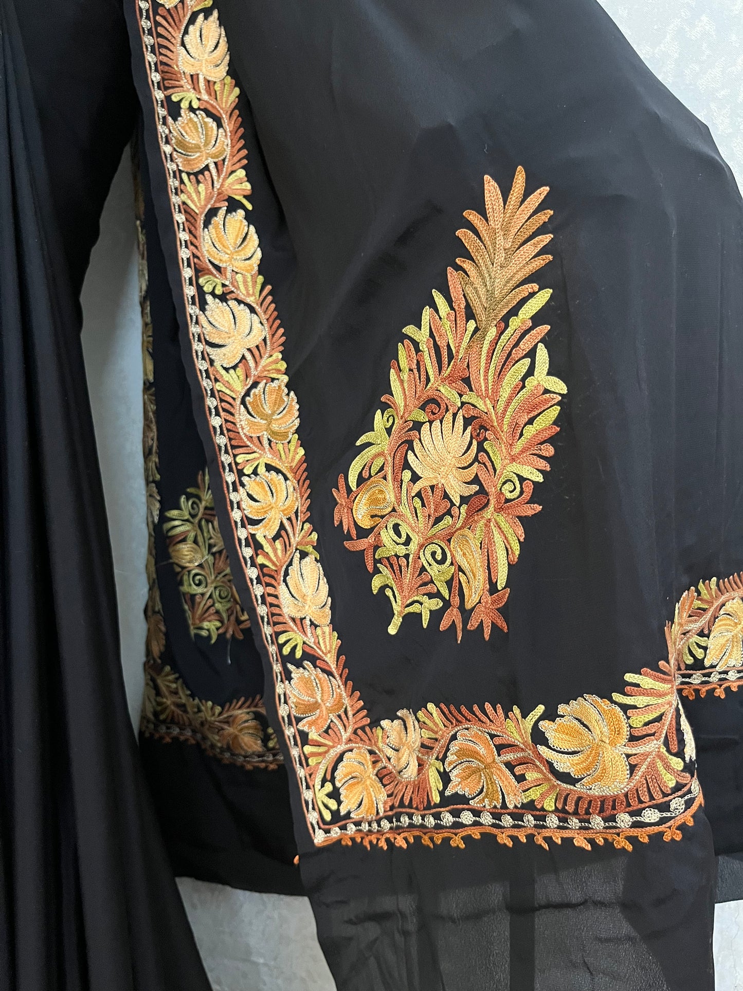 Black Crape Kashmiri Saree with Tilla Outline