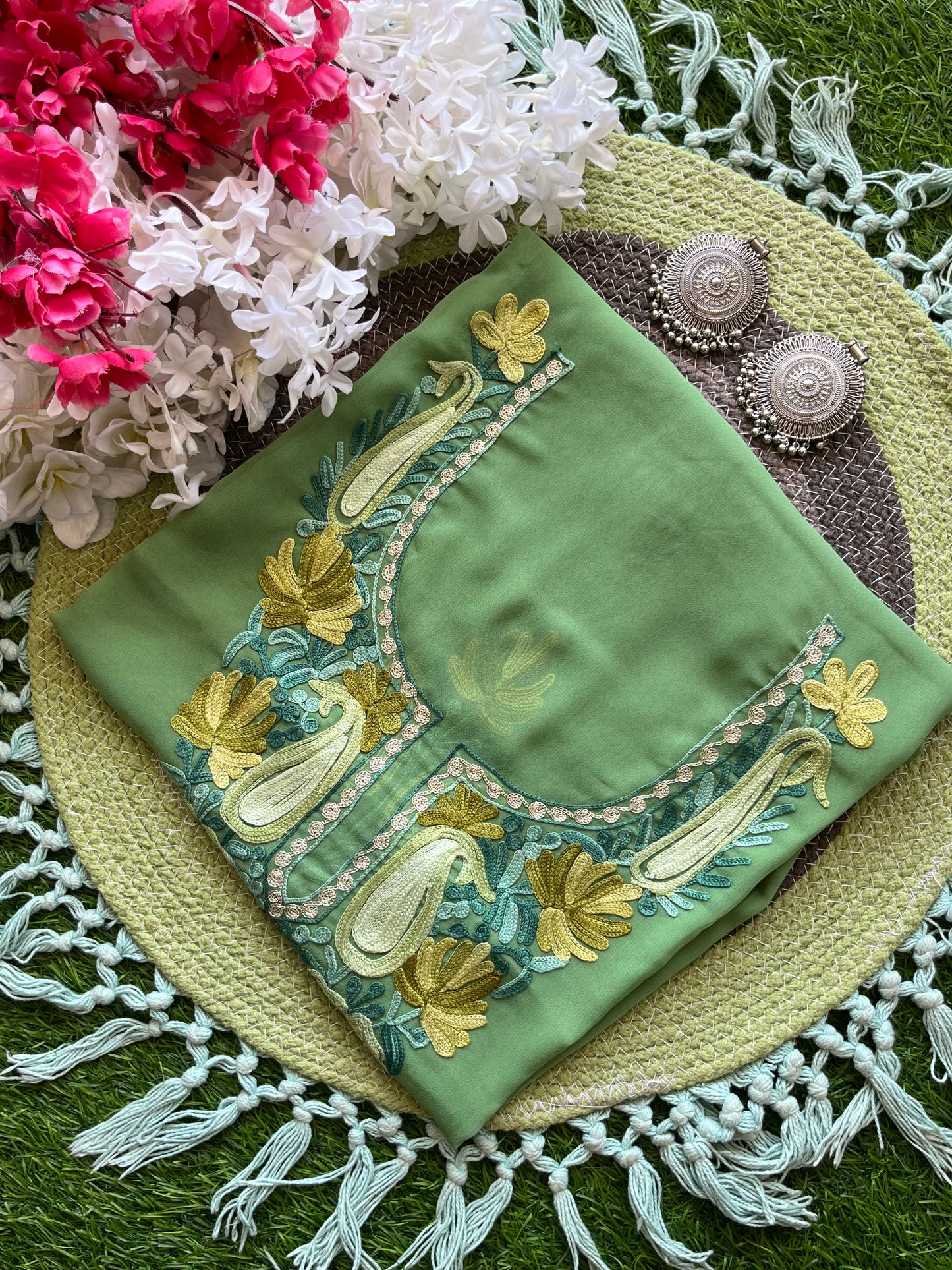 Tea Green Georgette Aari Embroidered Unstitched Kurta Material