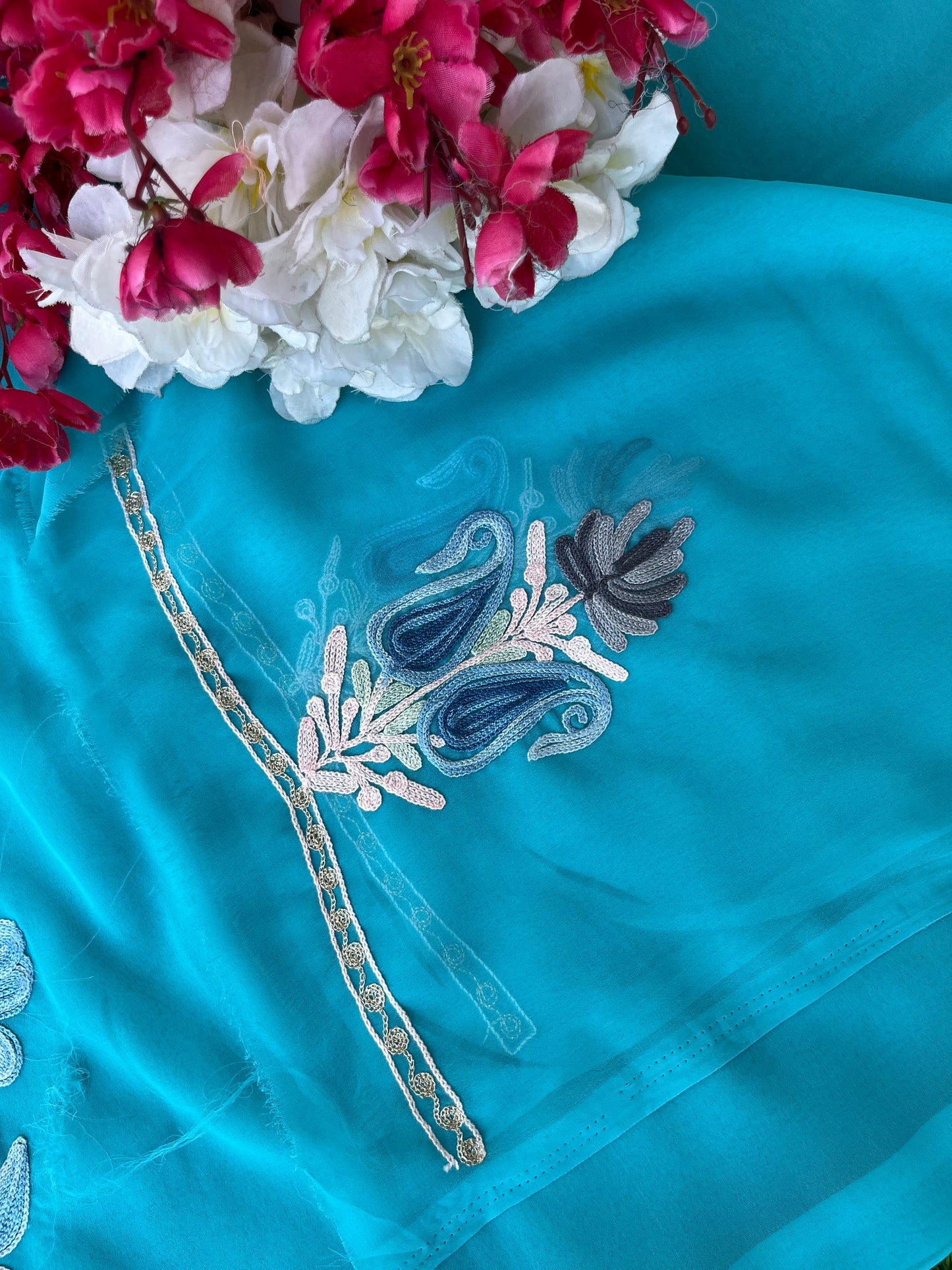 Sky Blue Georgette Aari Embroidered Unstitched Kurta Material