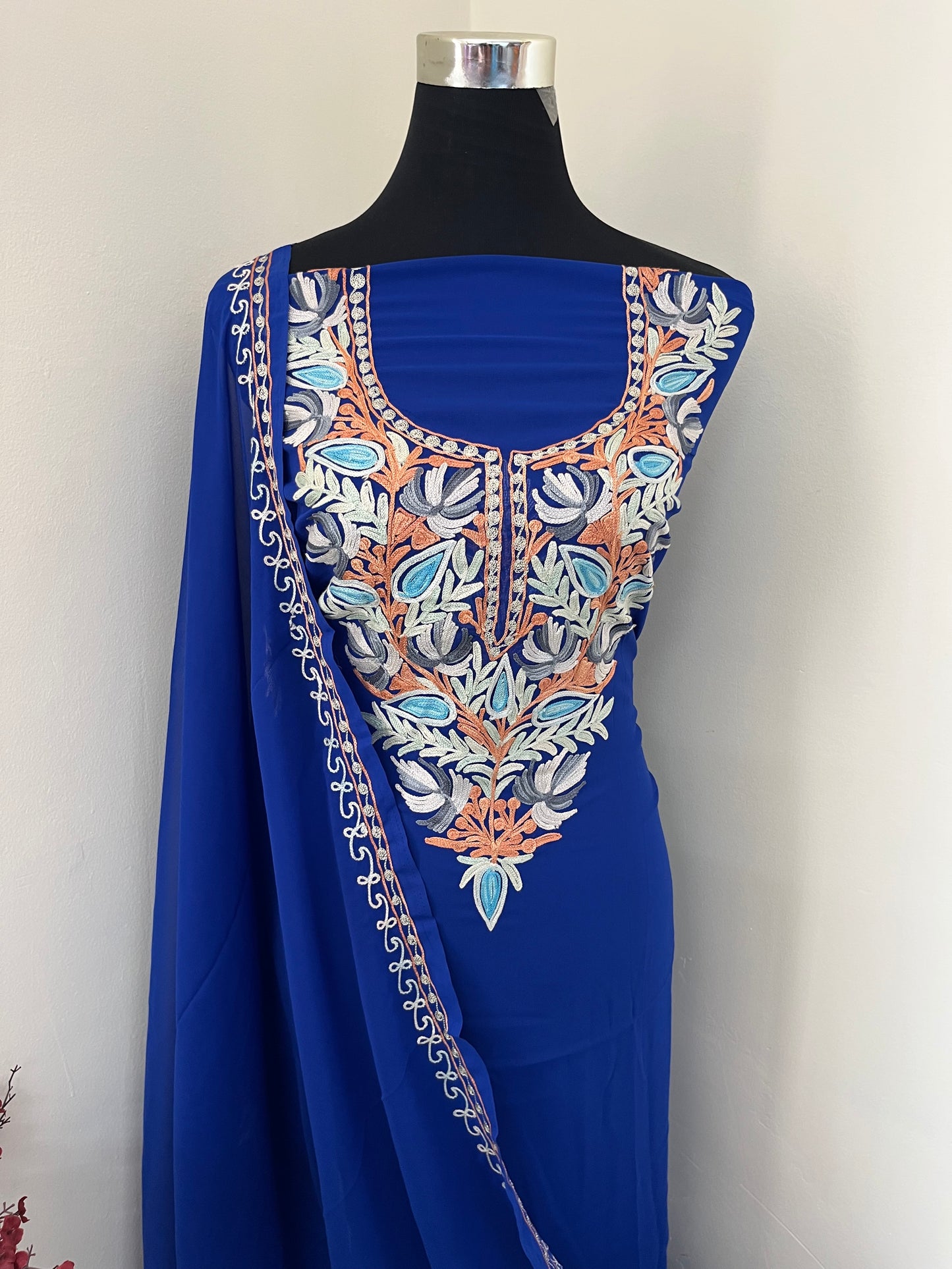 Electric Blue Georgette Shirt and Dupatta Aari Embroidered Suit