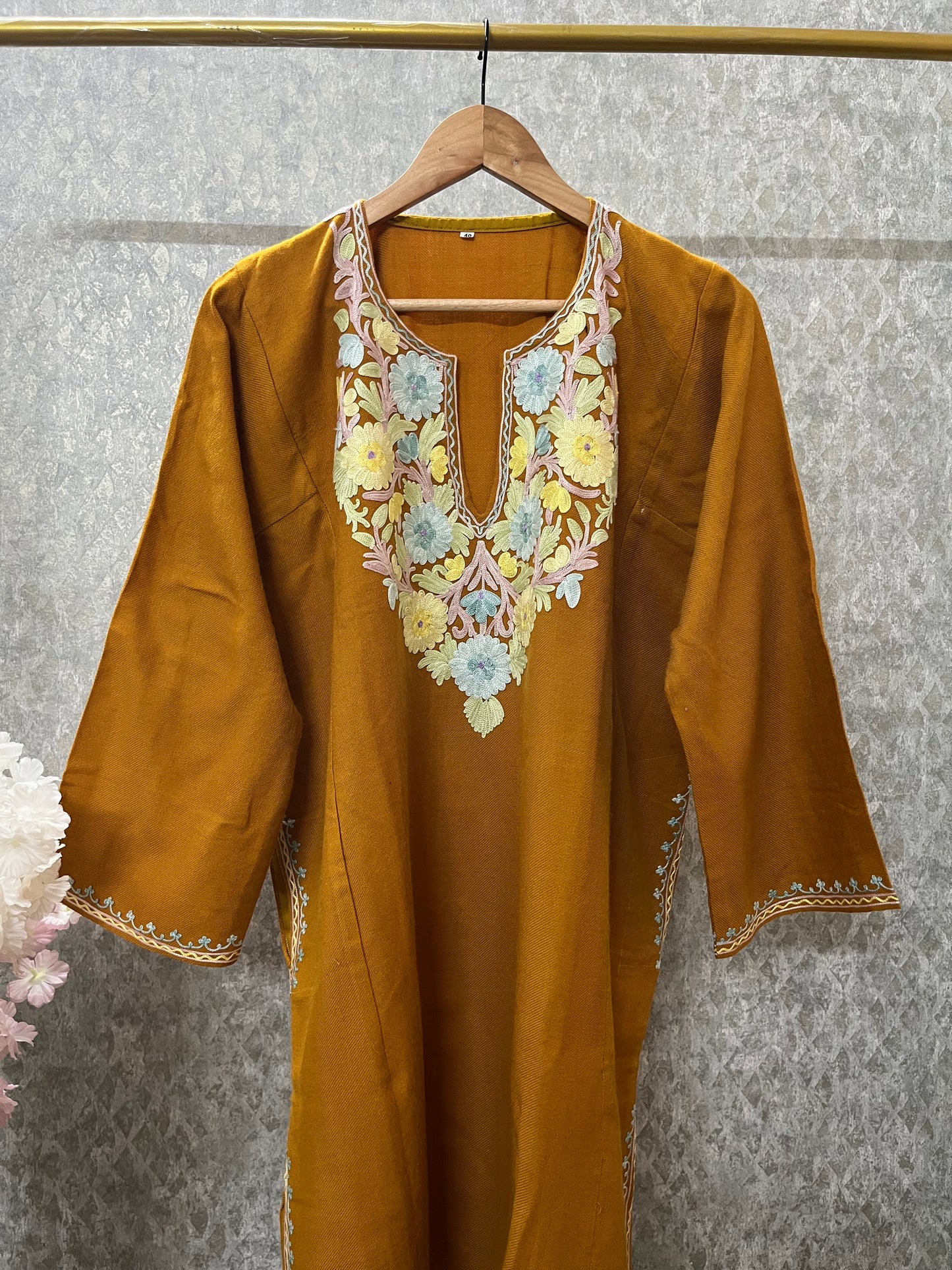 Mustard Yellow Aari Embroidered Wool Pheran