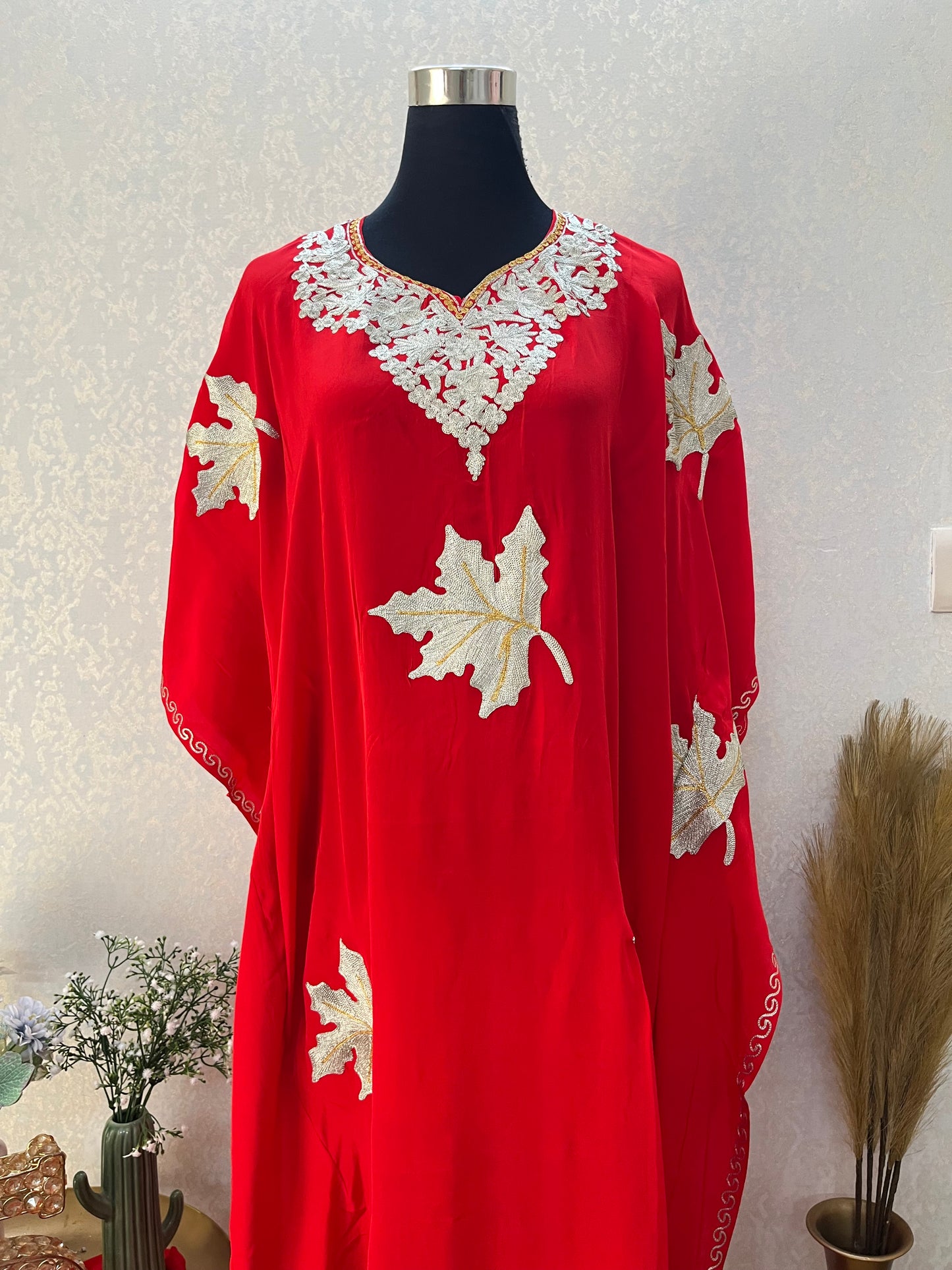 Red Crape Kashmiri Kaftan Set