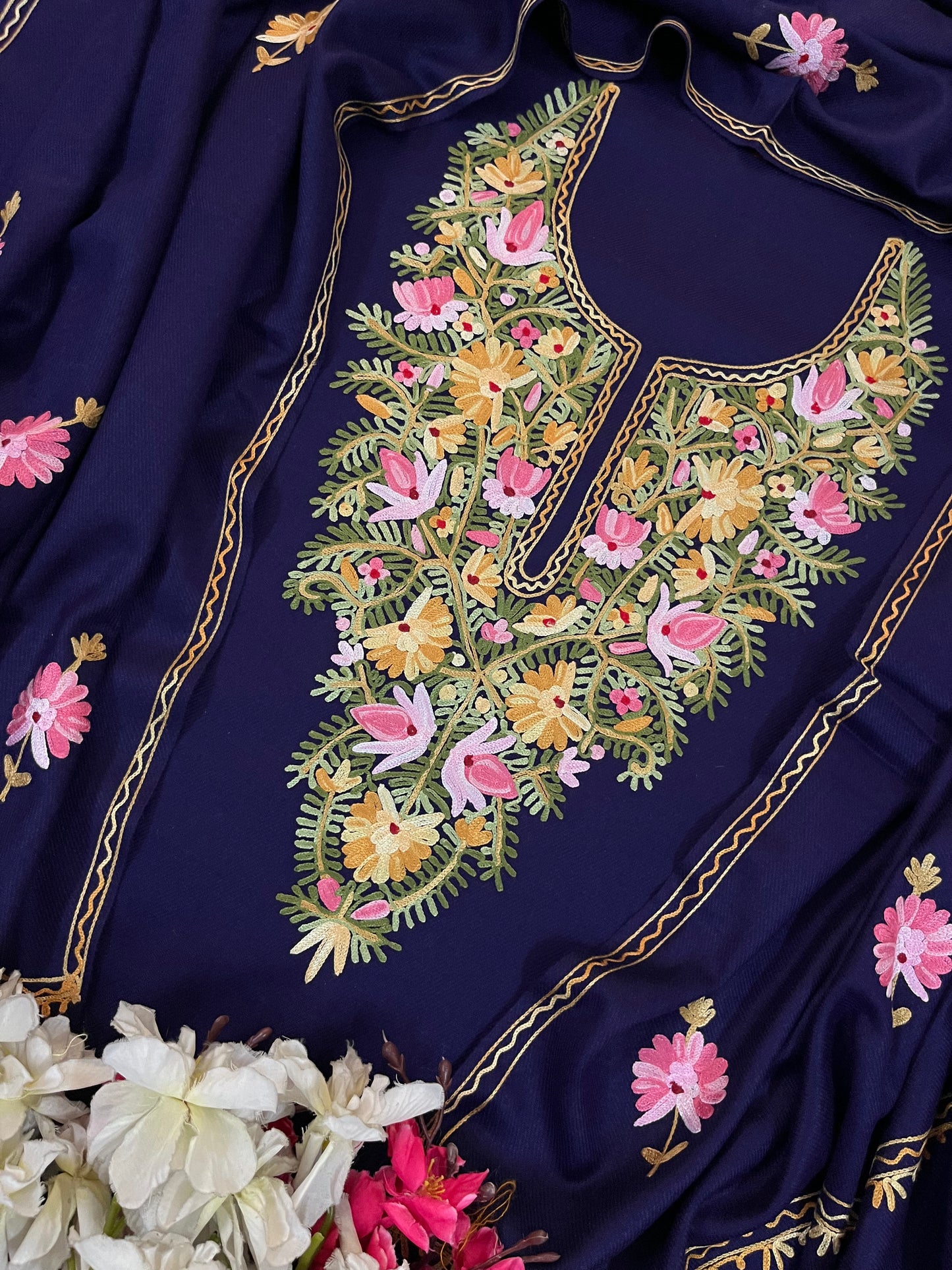 Navy Blue Woollen Aari Embroidered 3pc suit
