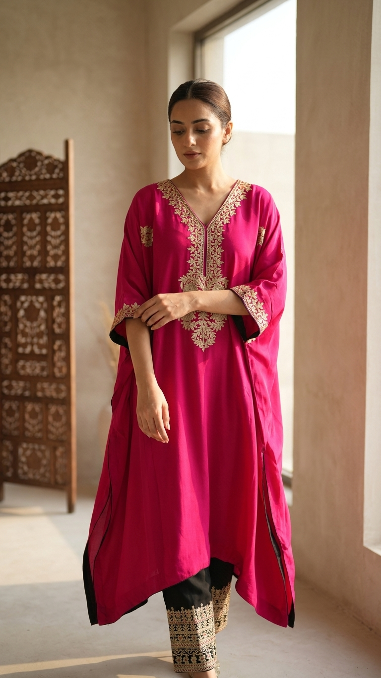 Hot Pink Crape Kashmiri Kaftan Set (44)