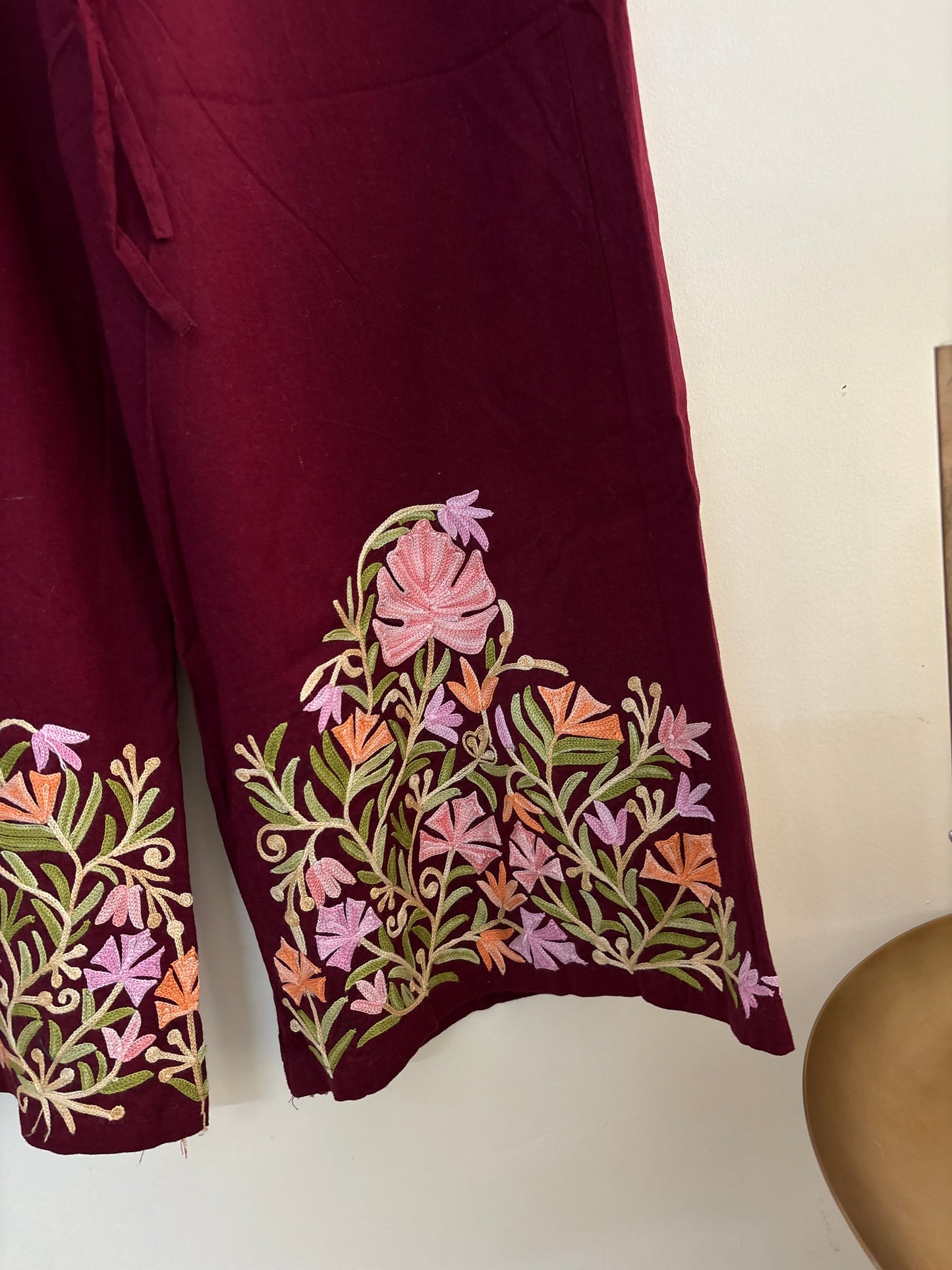 Women Maroon Wide Leg Aari Embroidered Palazzos