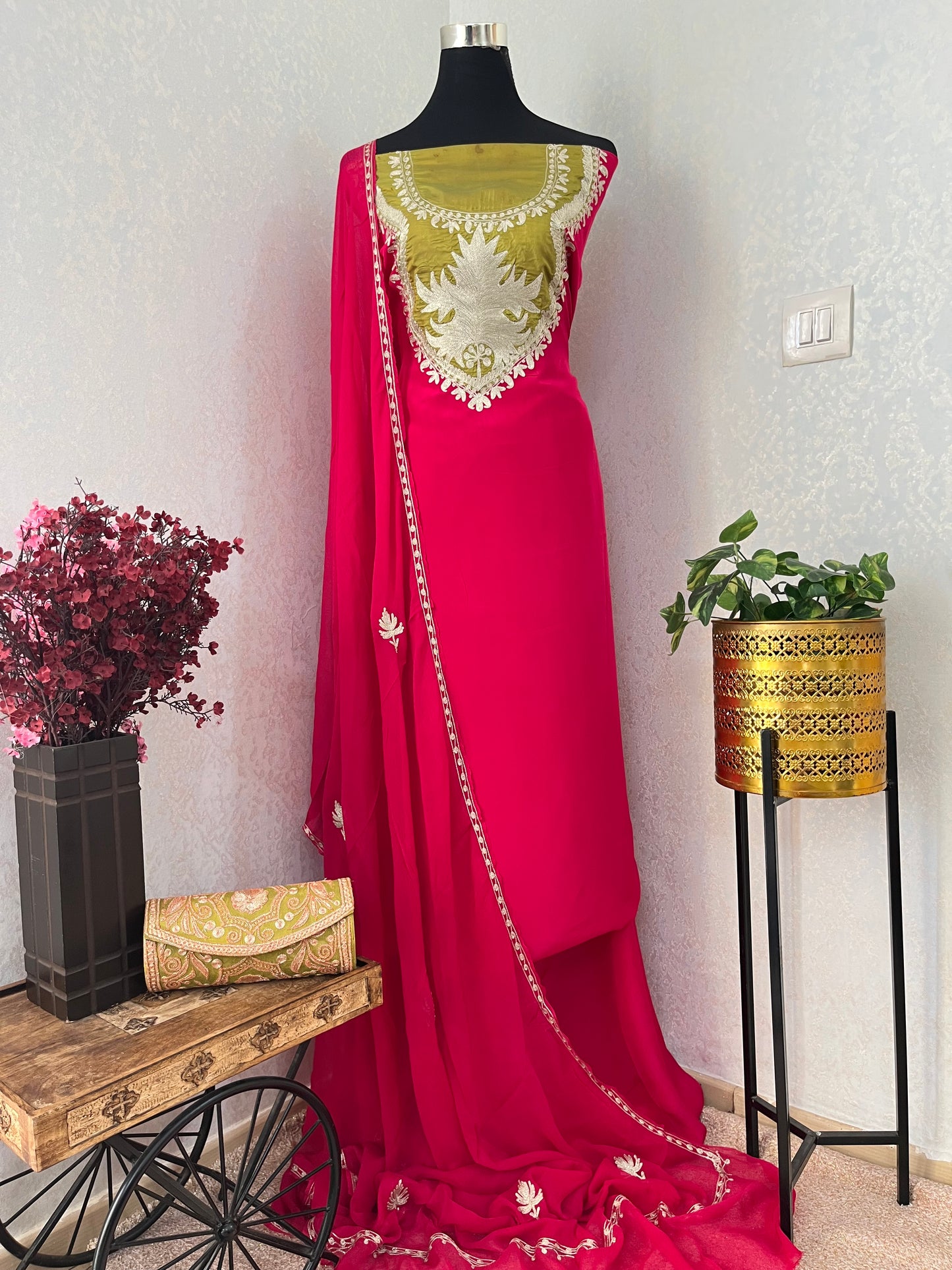 Fuchsia Pink Crape Kashmiri Suit with Clutch