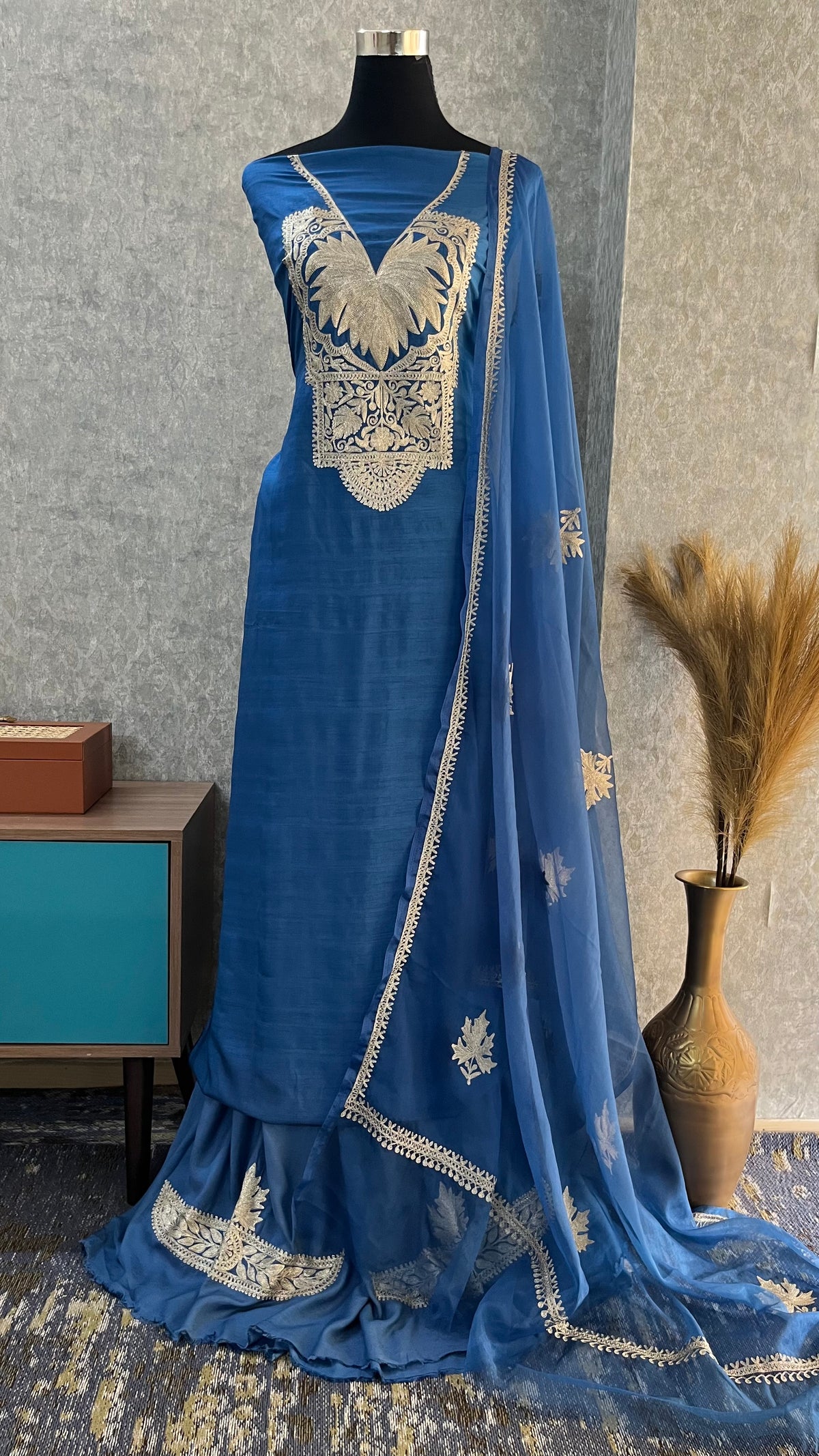 Indigo Silk Tilla Embroidered Suit