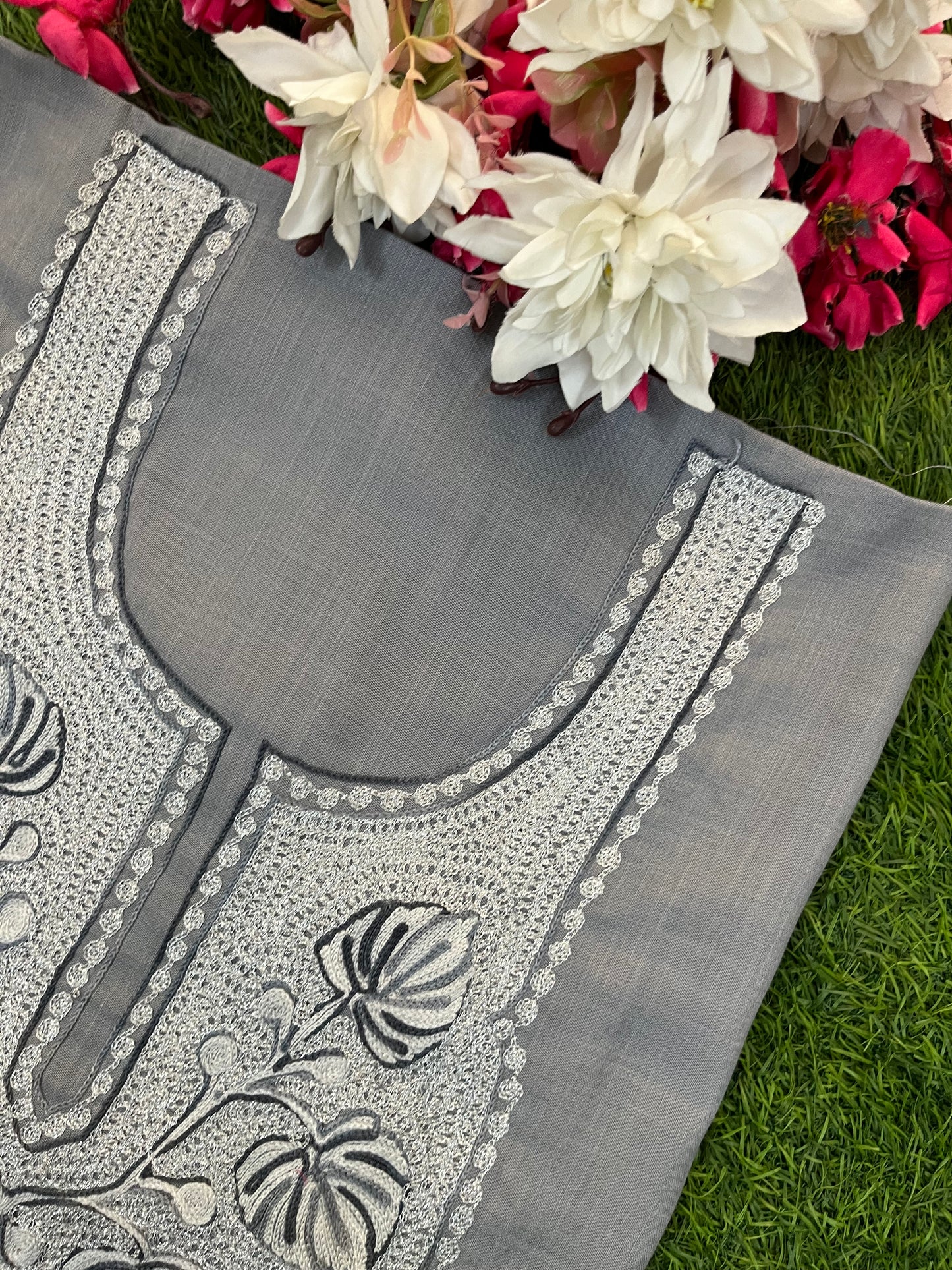 Grey Cotton Unstitched Aari Work Kurti