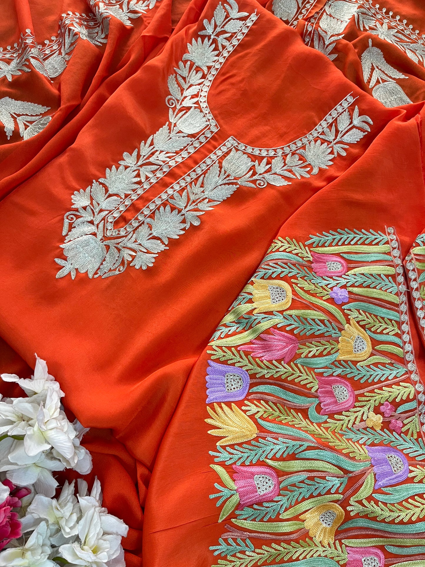 Kalaa’ Orange Crape Kashmiri Suit