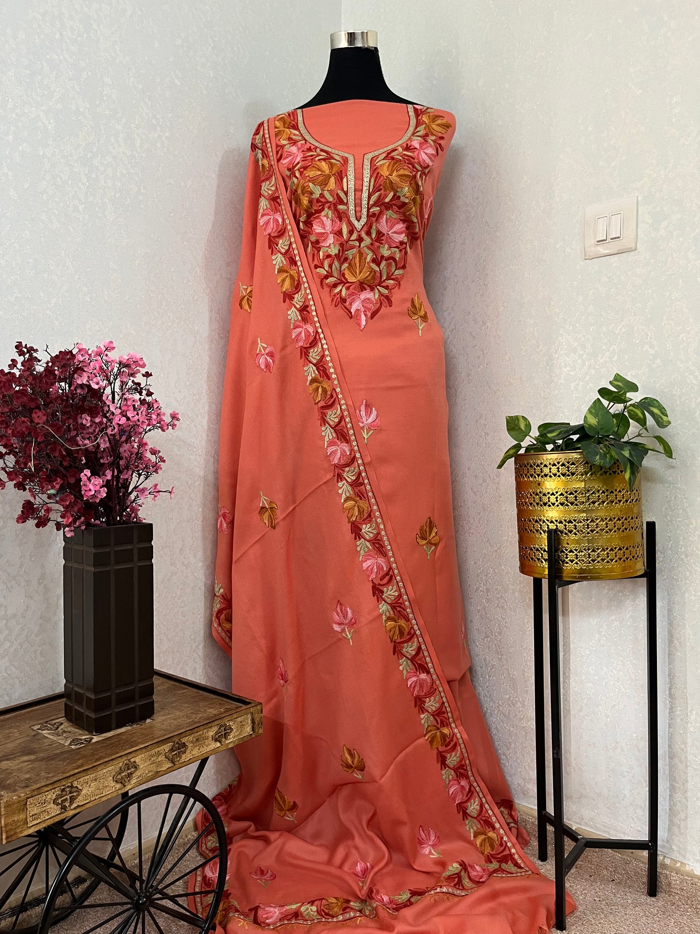 Carrot Pink Pure Wool Aari Embroidered 3pc Suit Stole