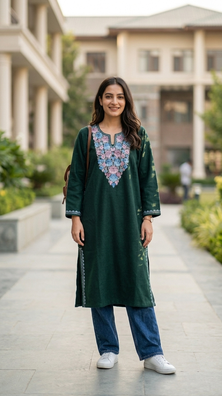 Green Aari Embroidered Wool Pheran