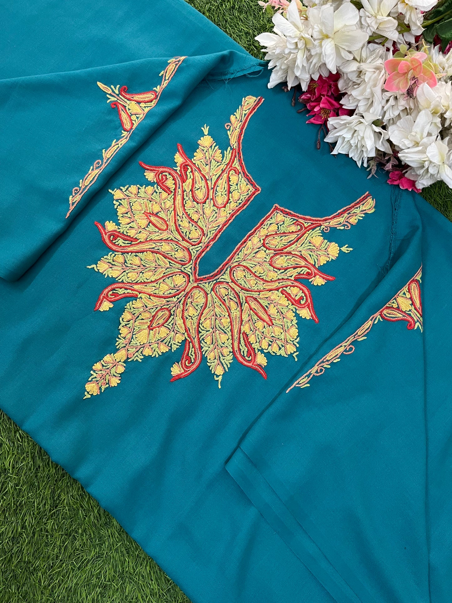 Green Cotton Two Piece Suit (Hand Embroidered)