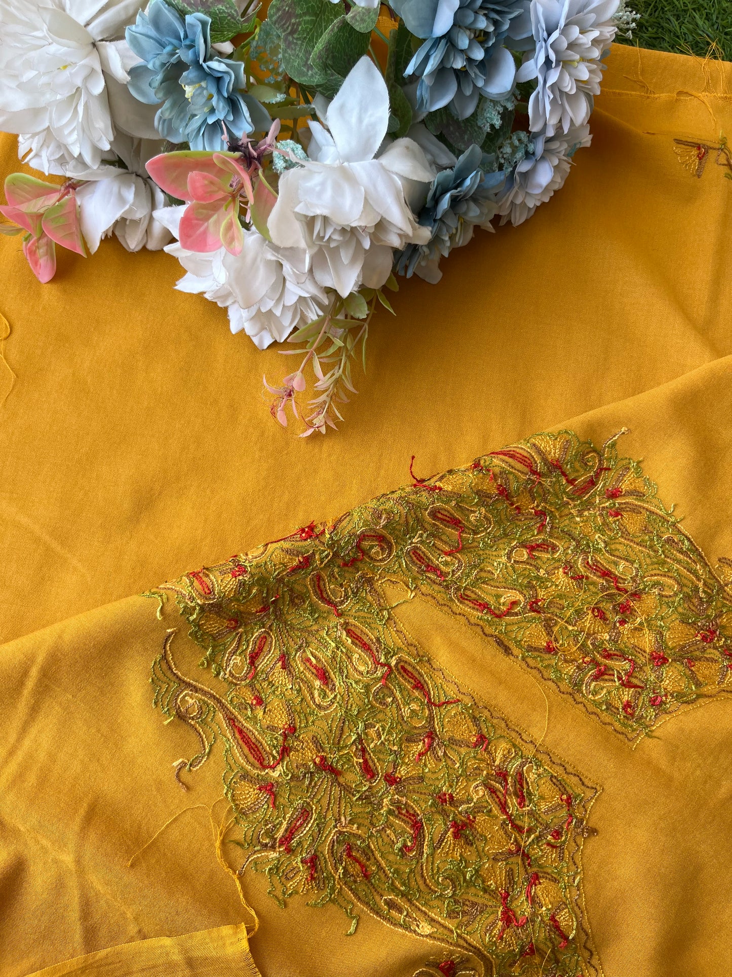 Mud Yellow Cotton Two Piece Suit (Hand Embroidered)
