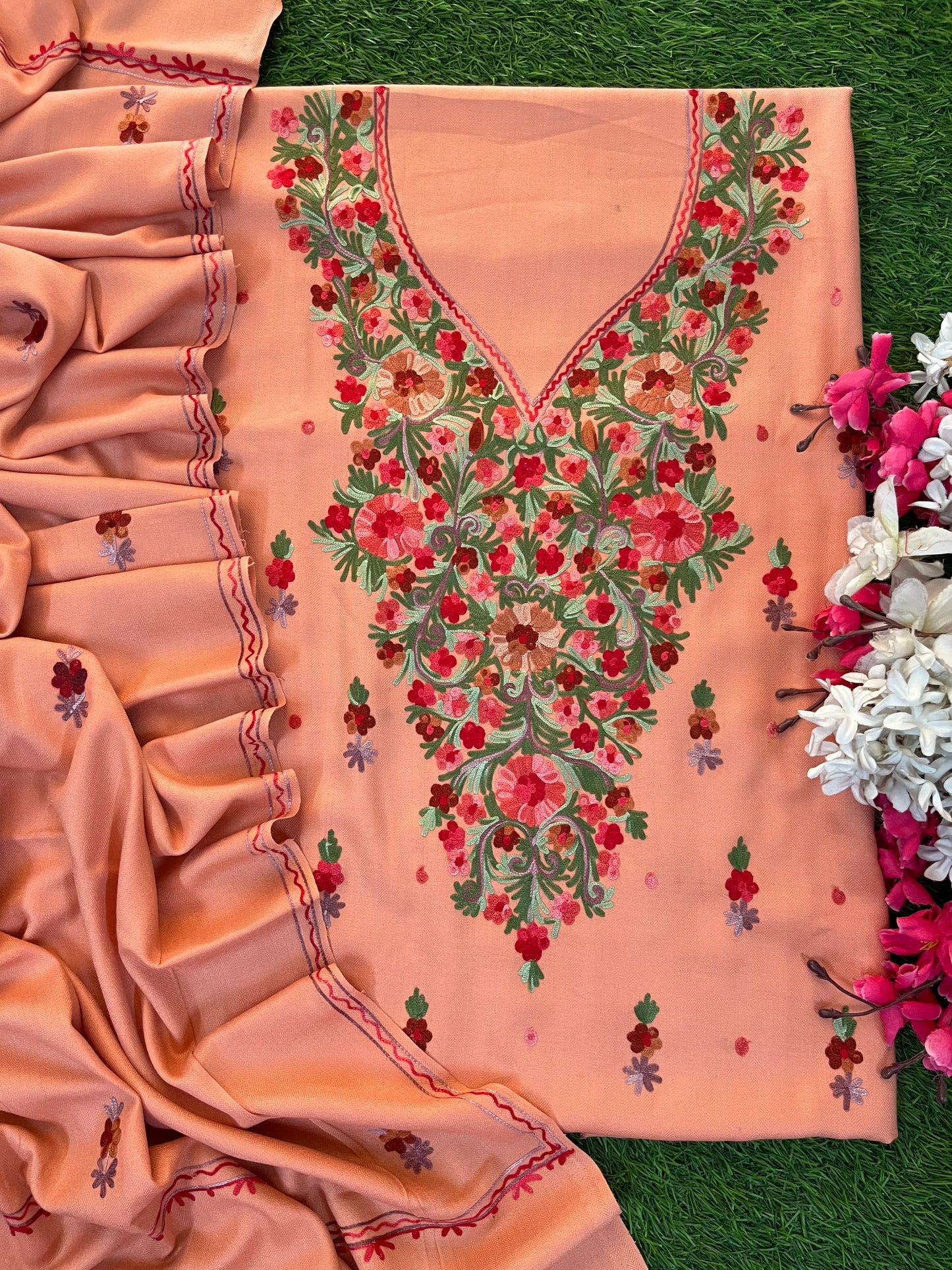Peach Woollen Aari Embroidered 3pc suit