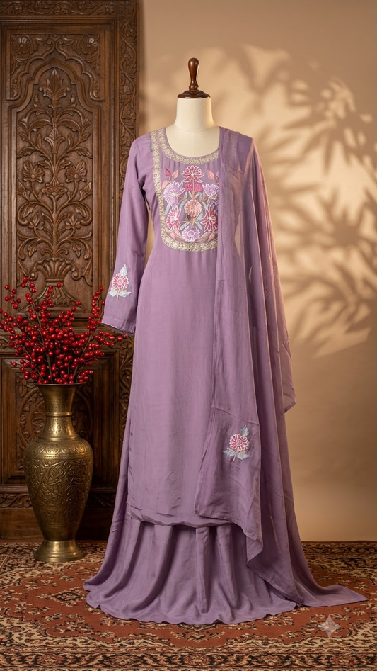 Lilac Kalaa Crape Kashmiri Suit
