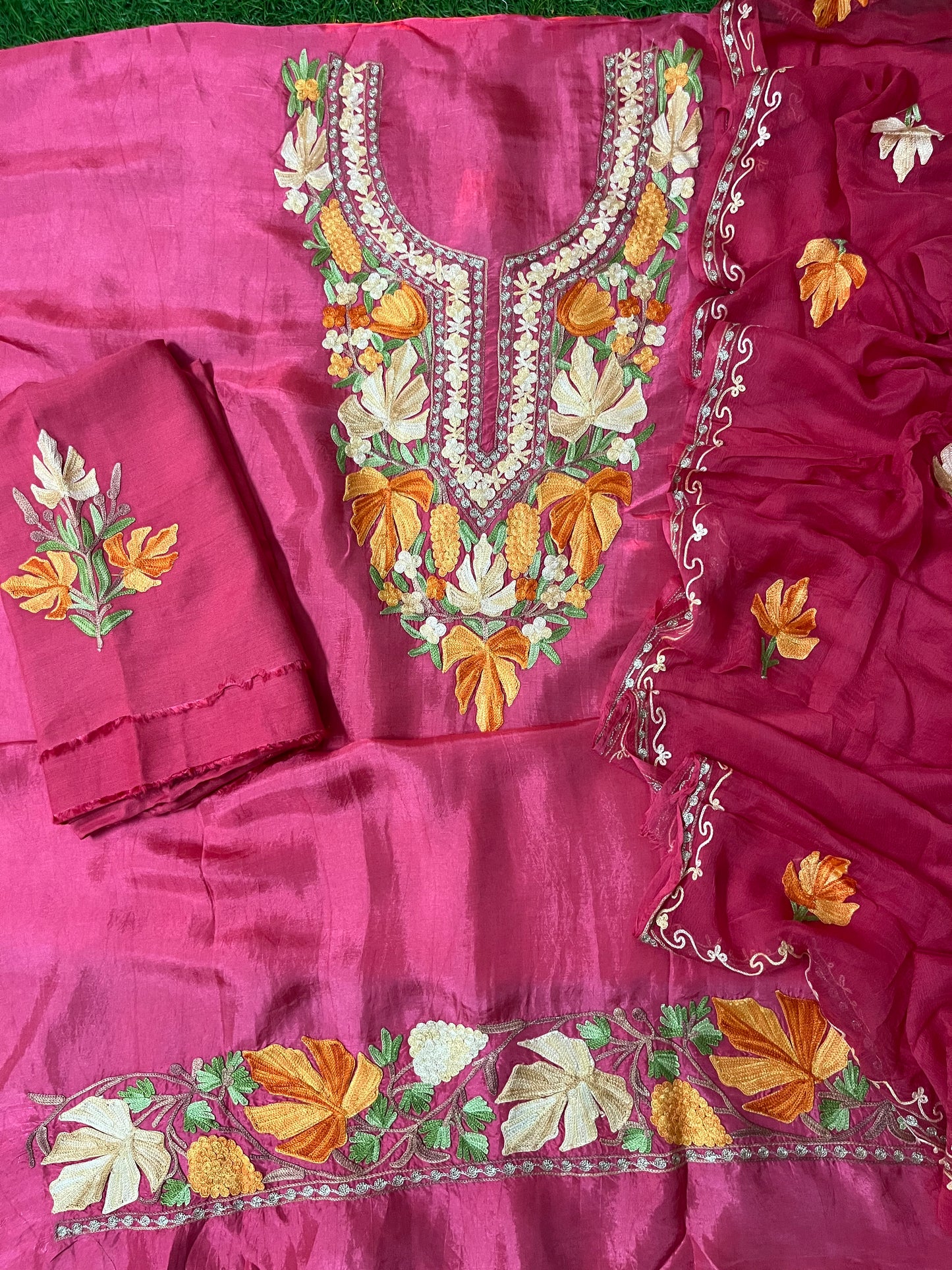 Carrot Pink Opada Silk Aari Embroidered Suit material