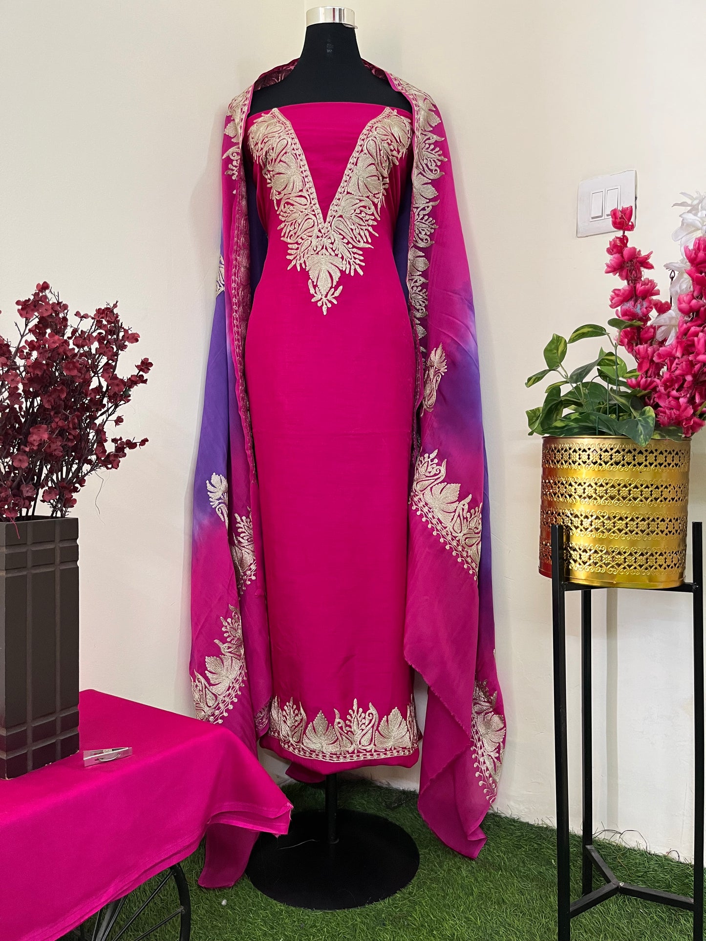 Sanam Hot Pink Silk Kashmiri Suit