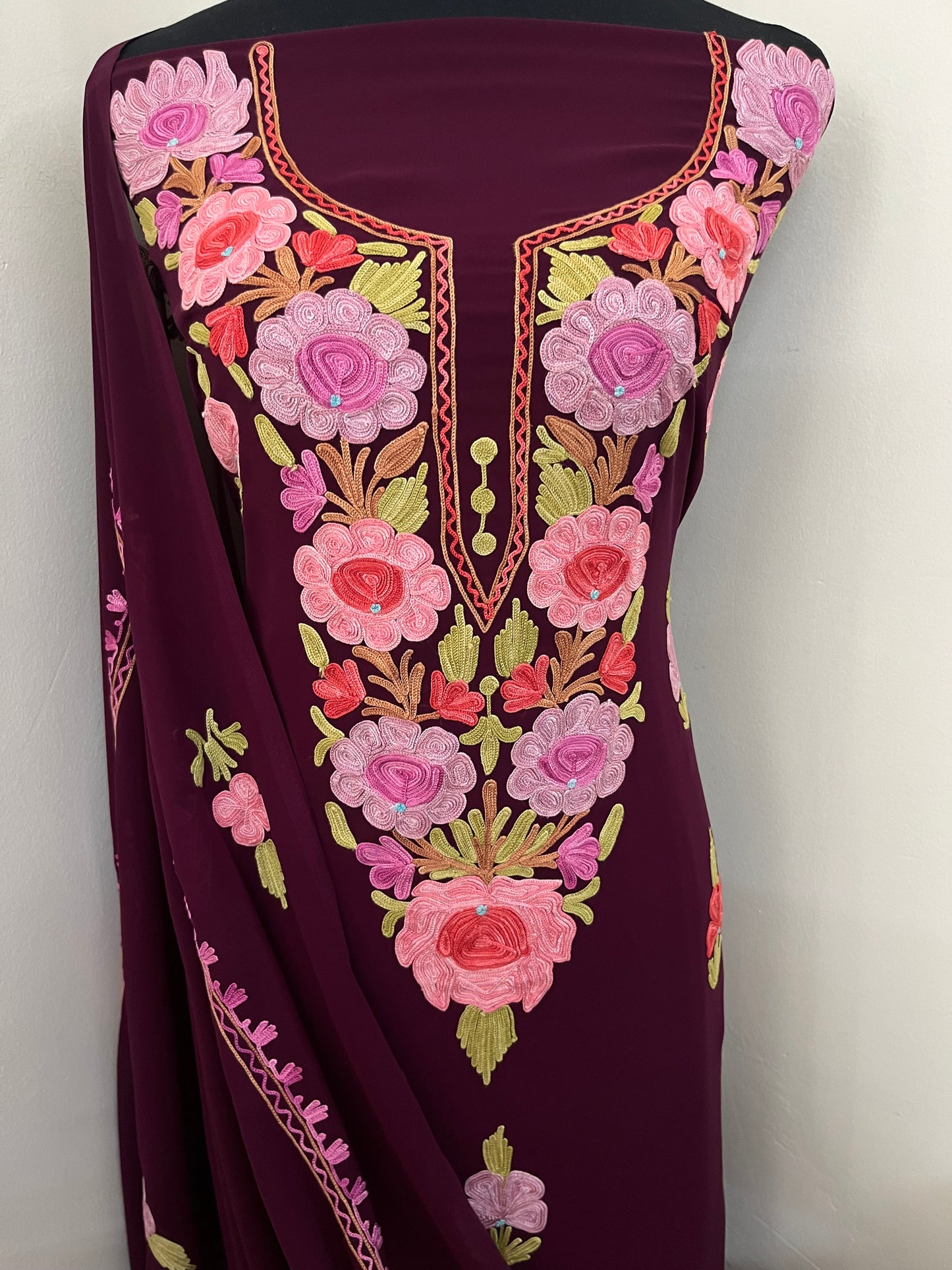 Wine Georgette 3 Pc Aari Embroidered Suit