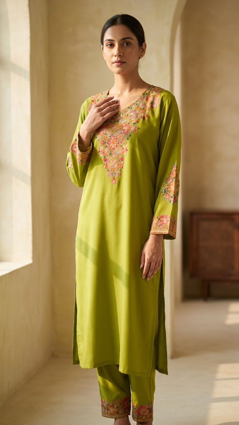 Lime Green Cotton Stitched Co-ord Set( 42)