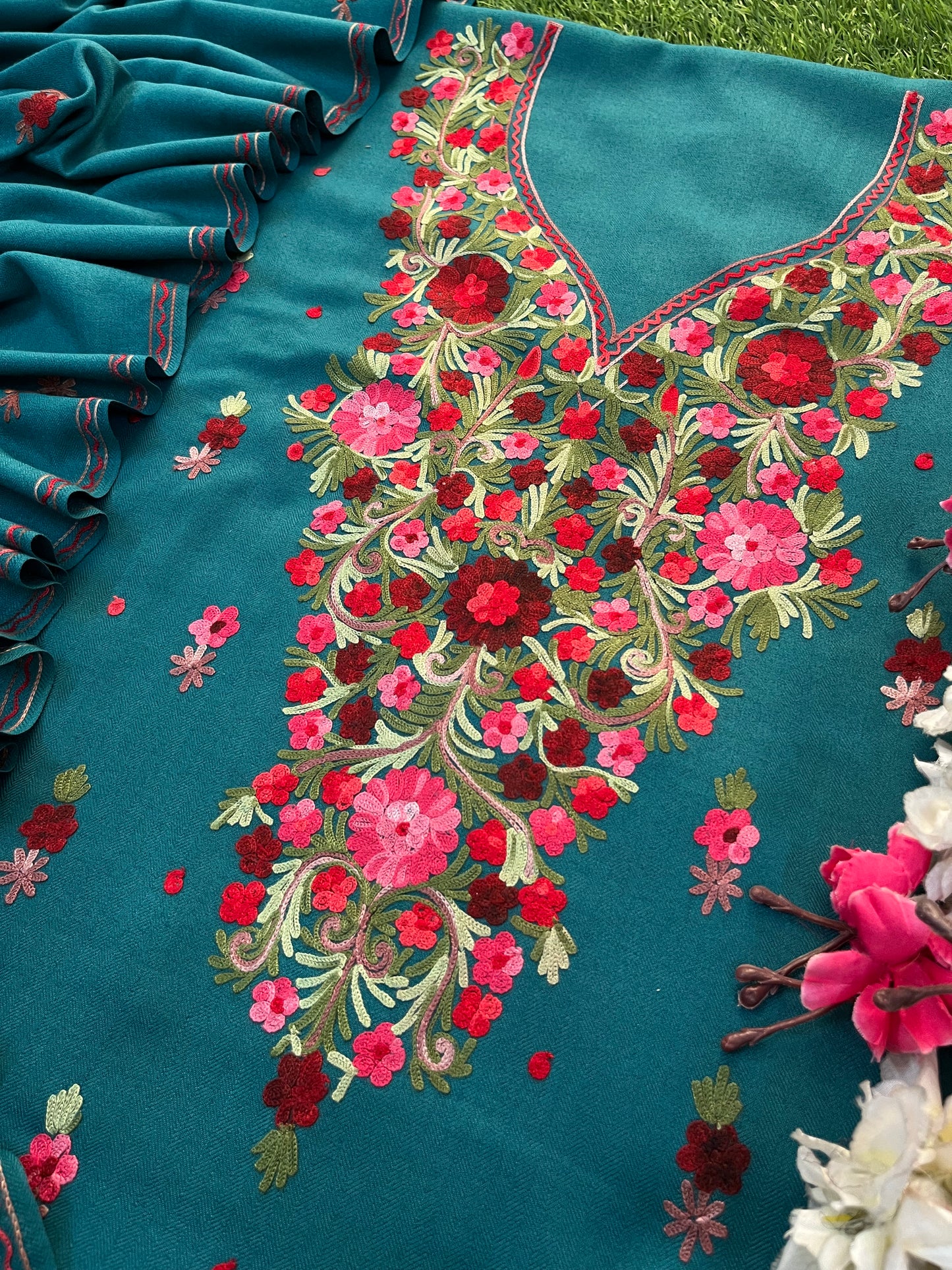 Teal Green Woollen Aari Embroidered 3pc suit