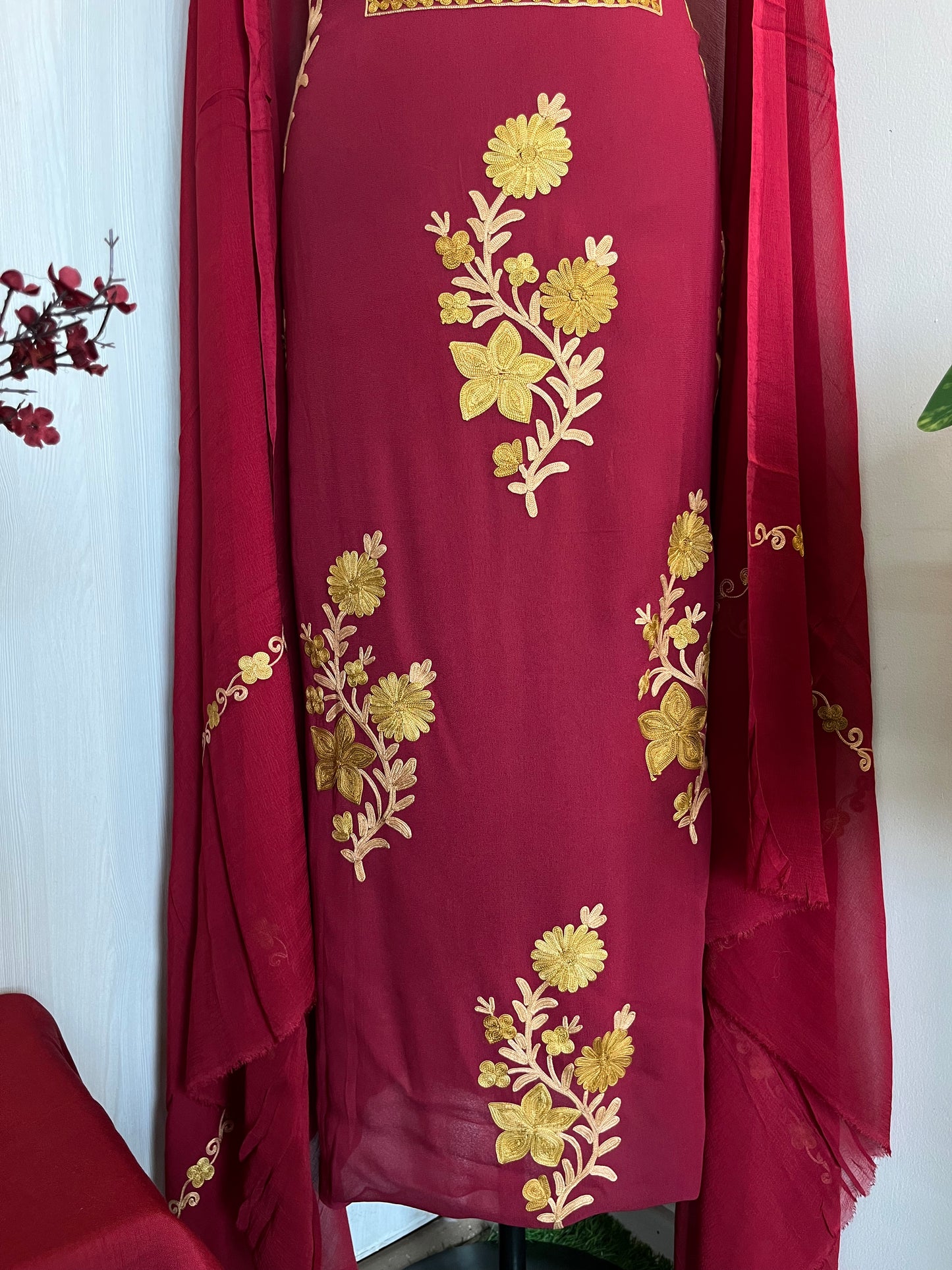 Maroon  Pure Georgette Tomato Red Aari Embroidered Suit