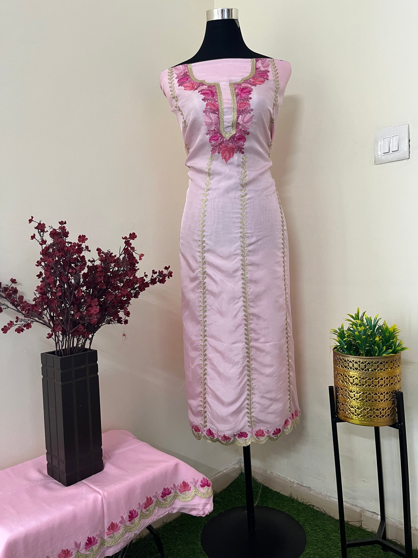 Sanam’ Baby Pink Silk Aari Embroidered Suit material