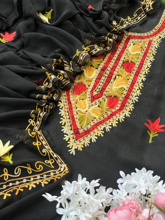 Black Opada Silk Aari Embroidered Suit material