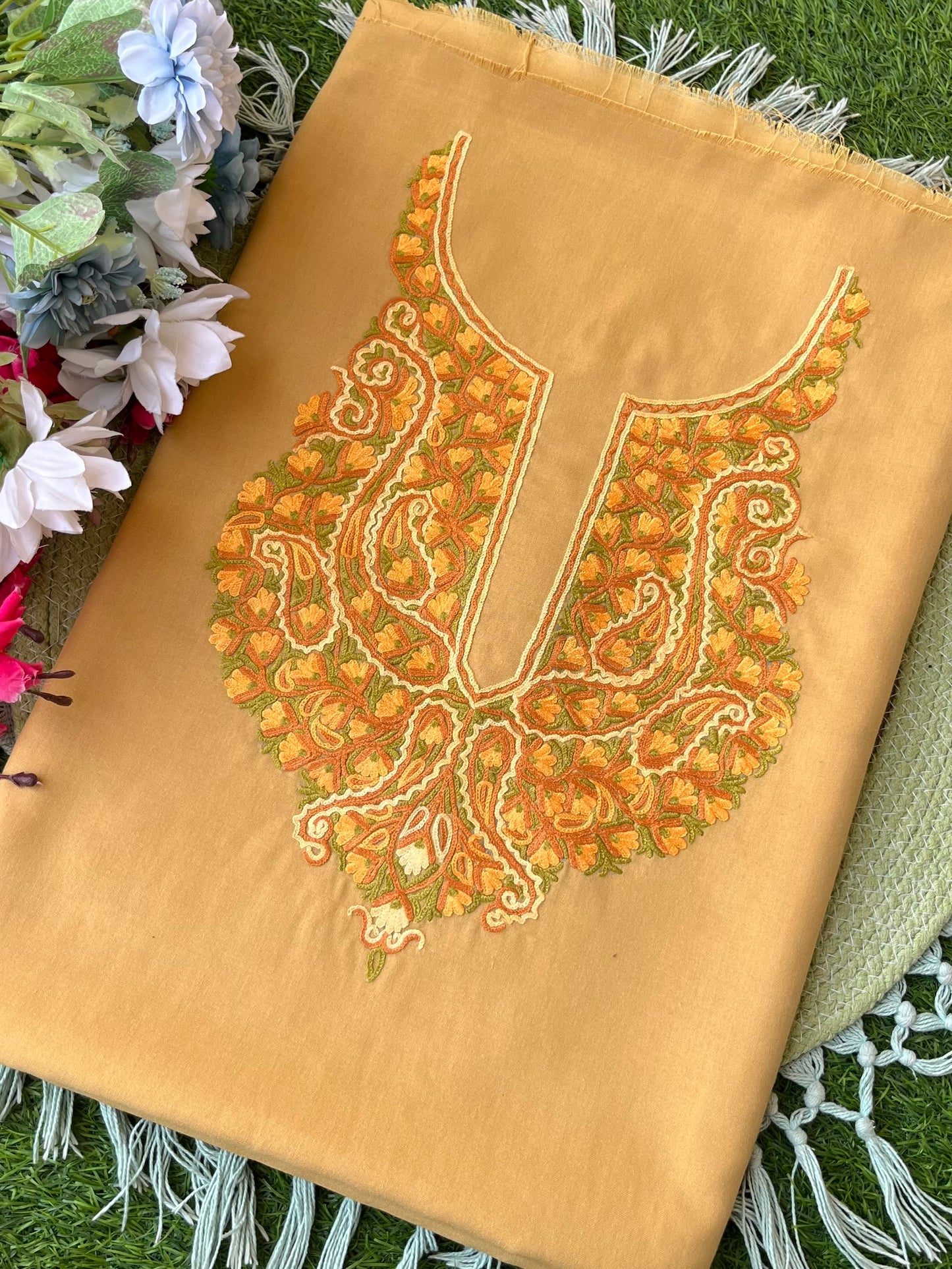 Beige Cotton Two Piece Suit (Hand Embroidered)