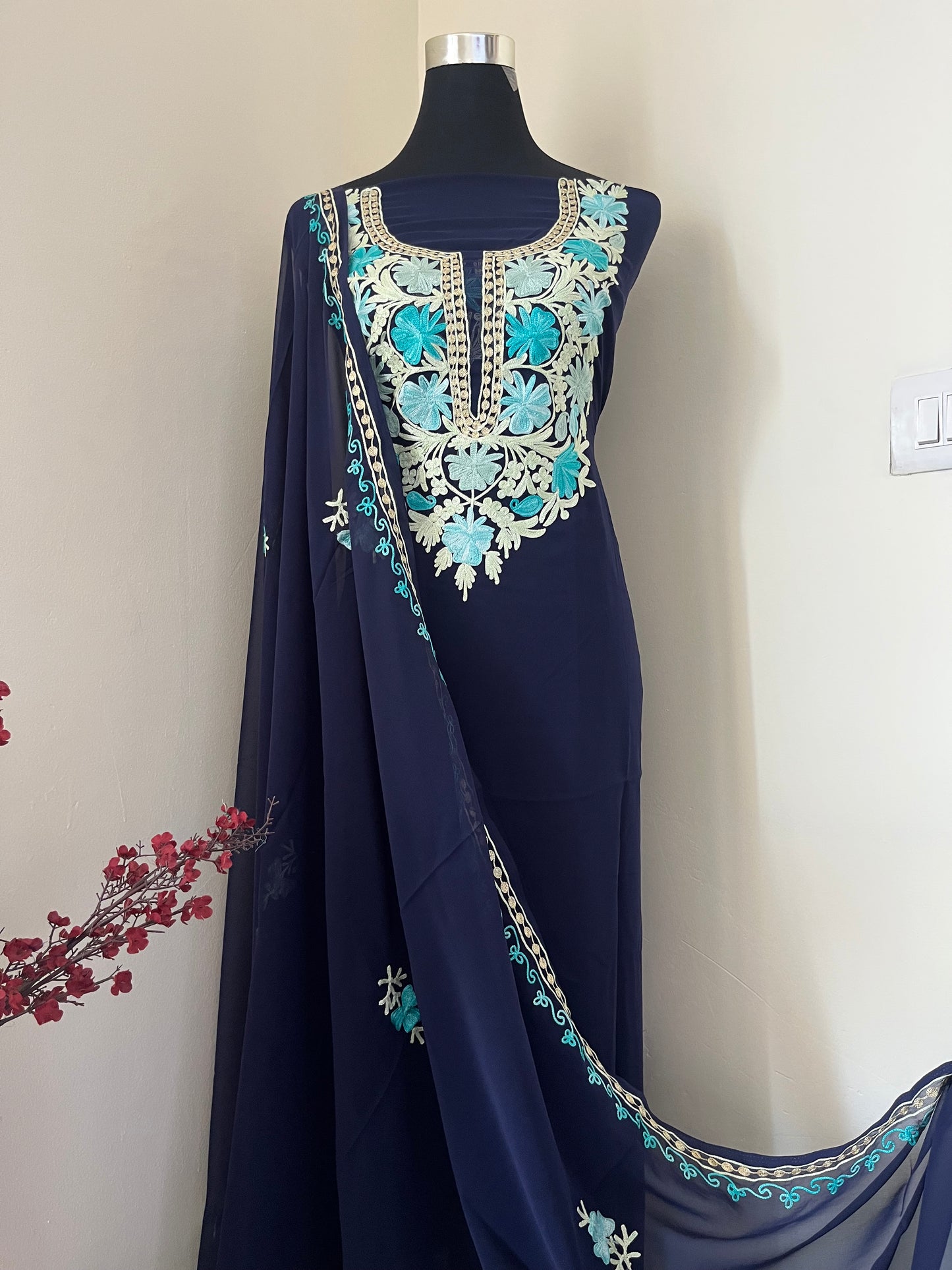 Royal Blue Georgette Shirt and Dupatta Aari Embroidered Suit