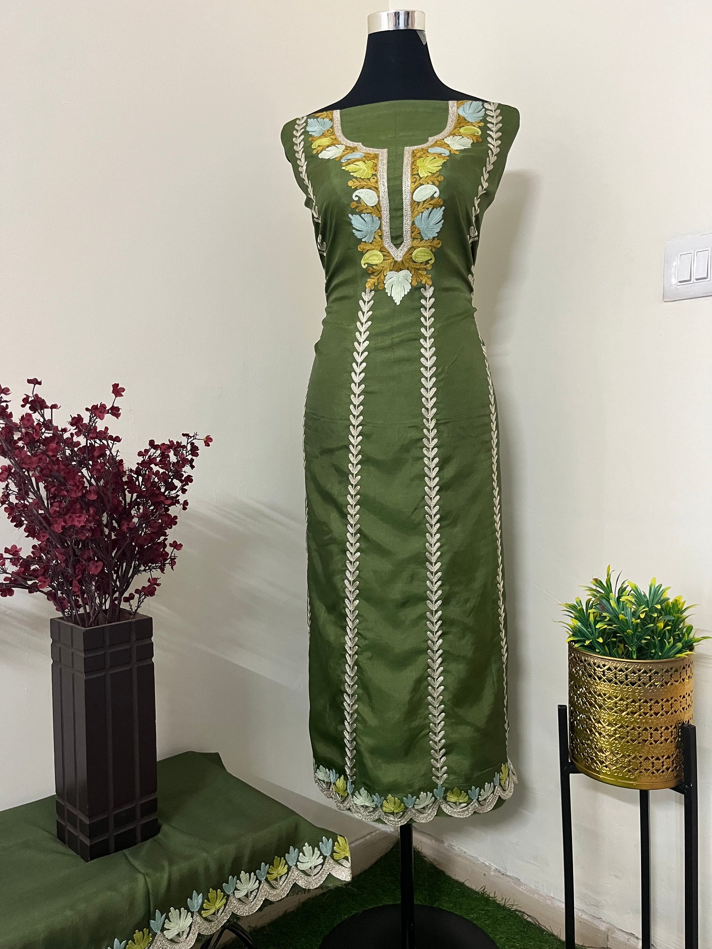 Sanam’ Henna Green Silk Aari Embroidered Suit material