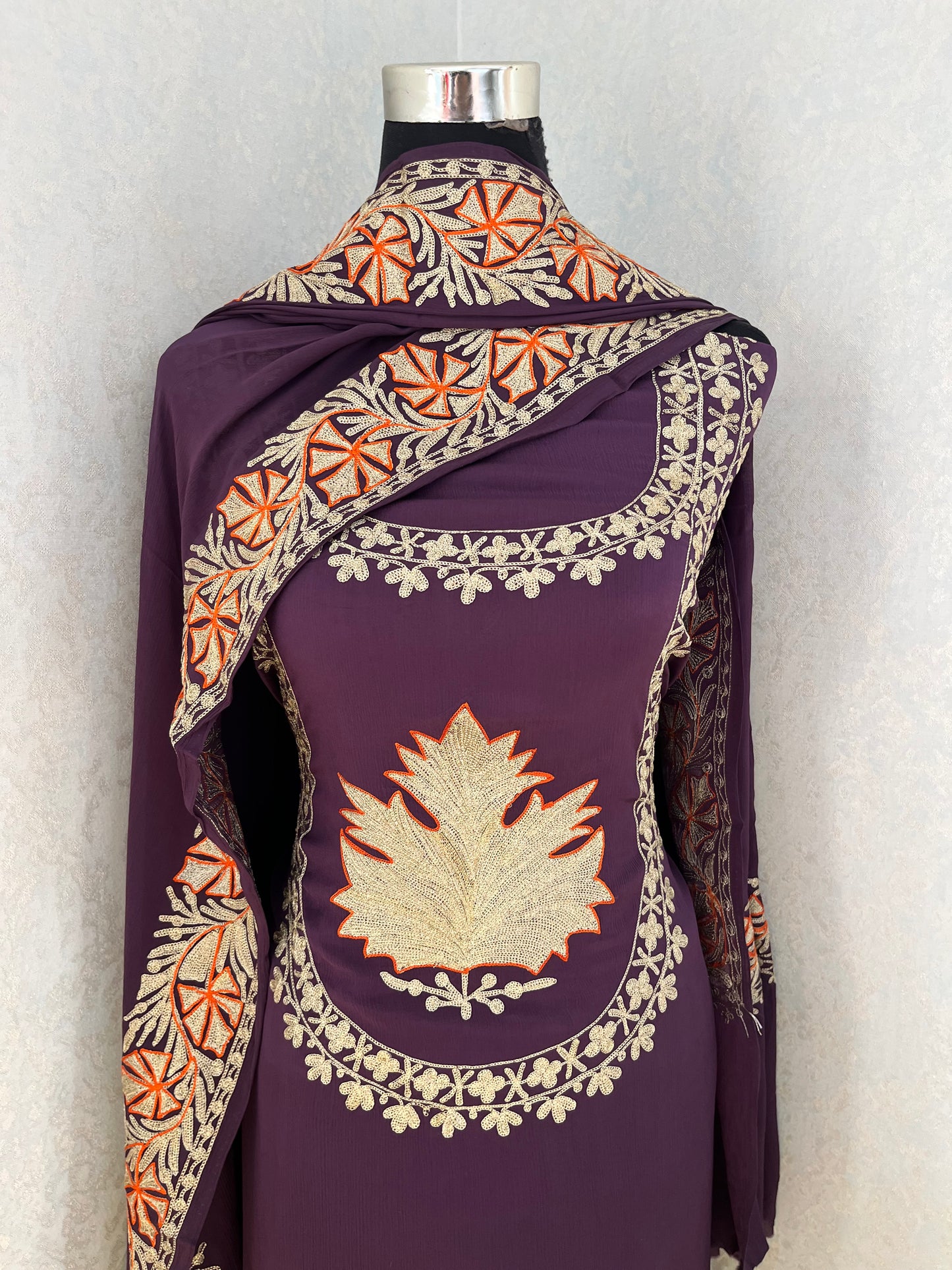 Purple Chinon 3 Pc Aari Embroidered Suit