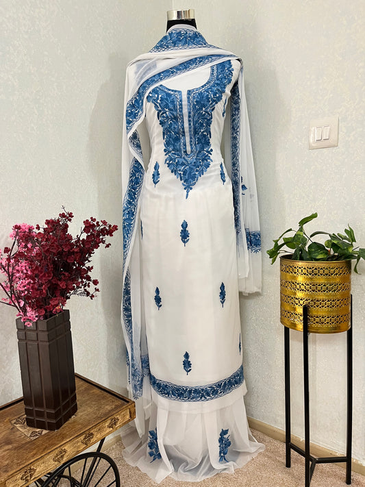 Off white  Georgette 3pc Kashmiri Suit