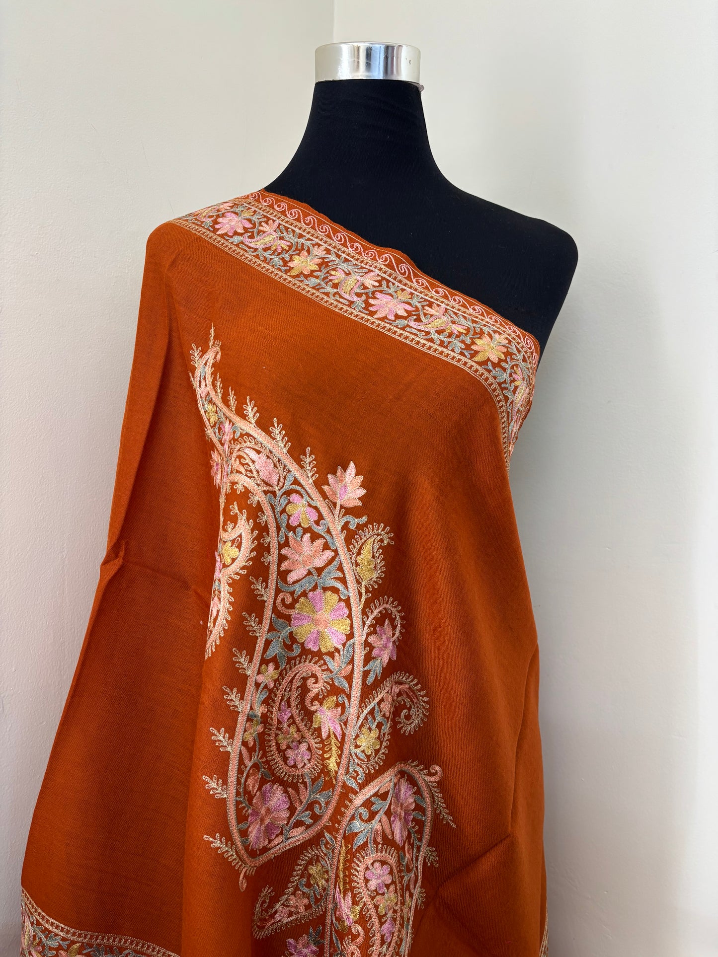 Orange Silk Thread Ambi Aangan Embroidered Fine Semi Pashmina stole