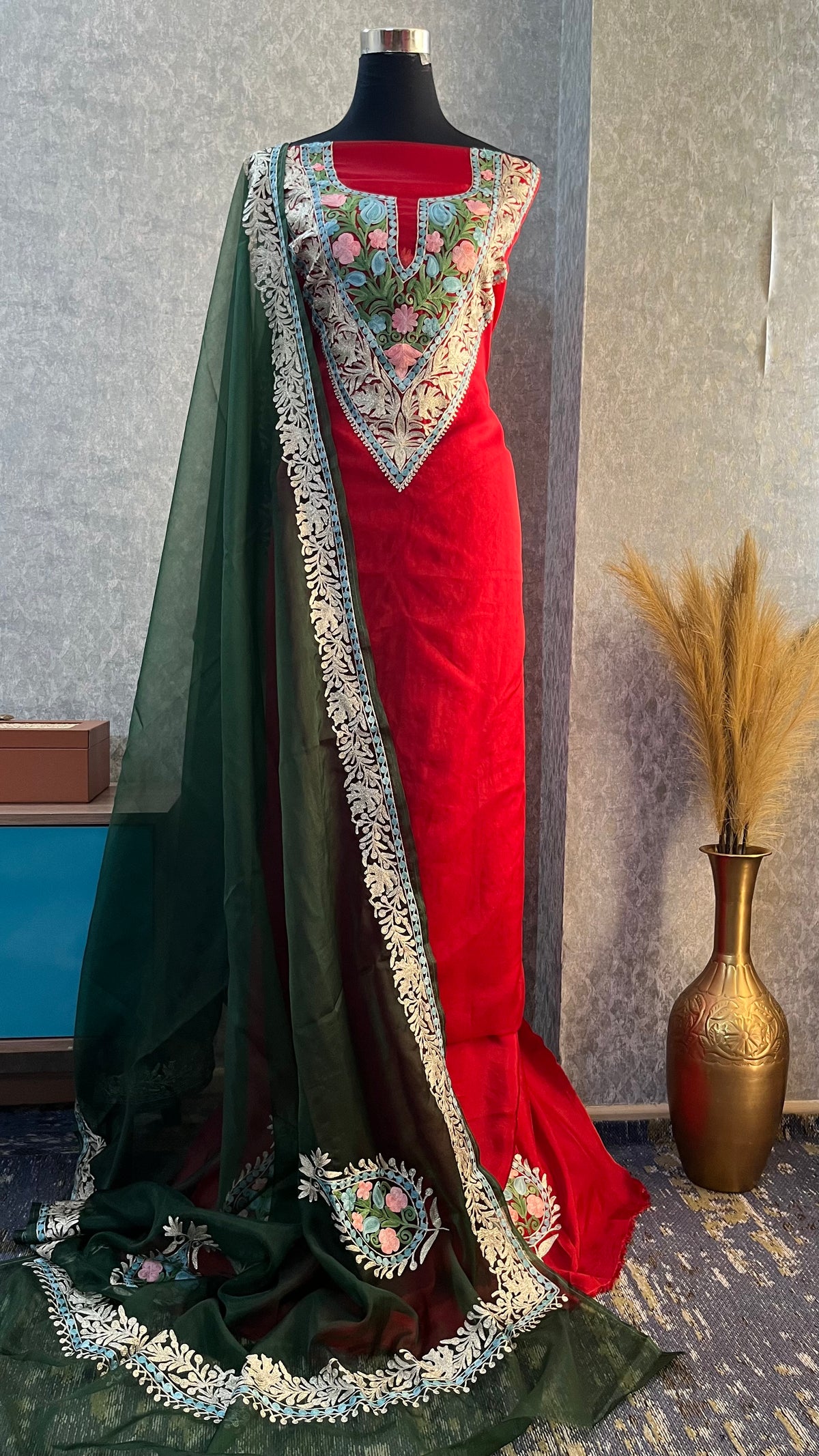 Red Soft Tissue Kashmiri Suit