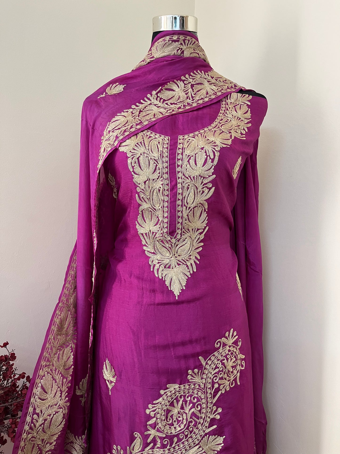 Wine Tilla Embroidered Suit material