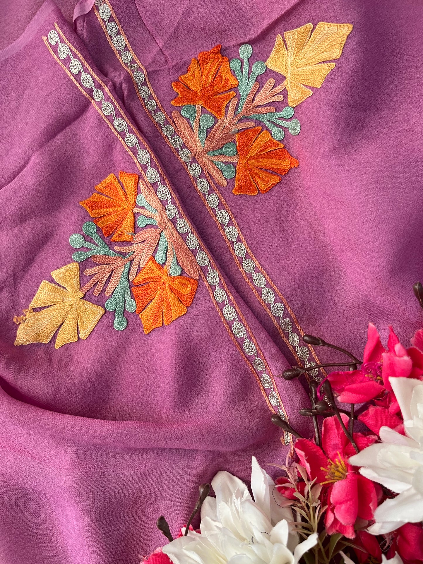 Lilac Pure Georgette Aari Embroidered Suit