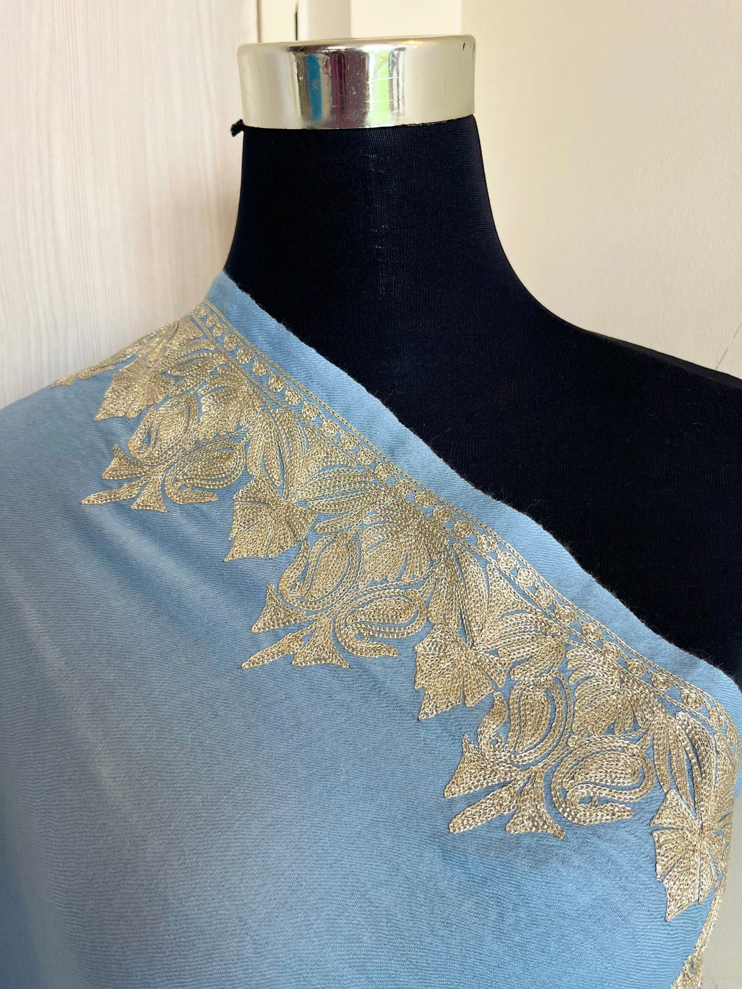 English Blue Fine Semi Pashmina Tilla Embroidered stole