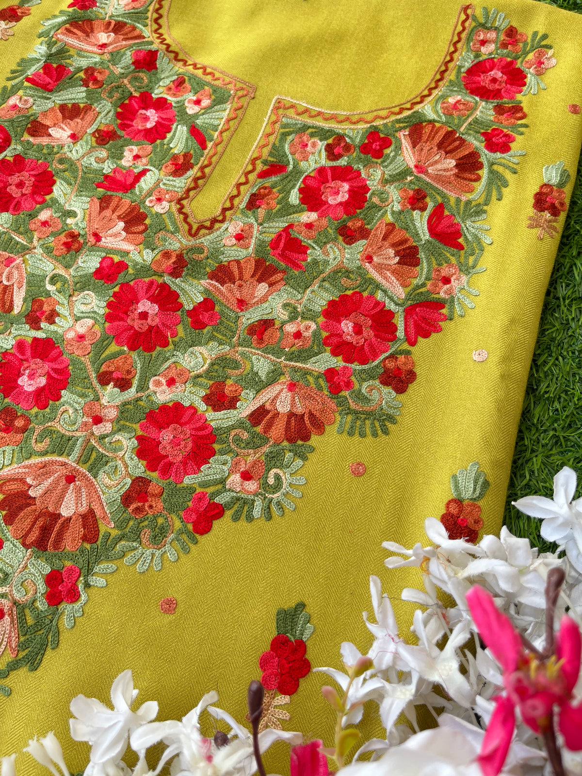 Lemon Green Woollen Aari Embroidered 3pc suit