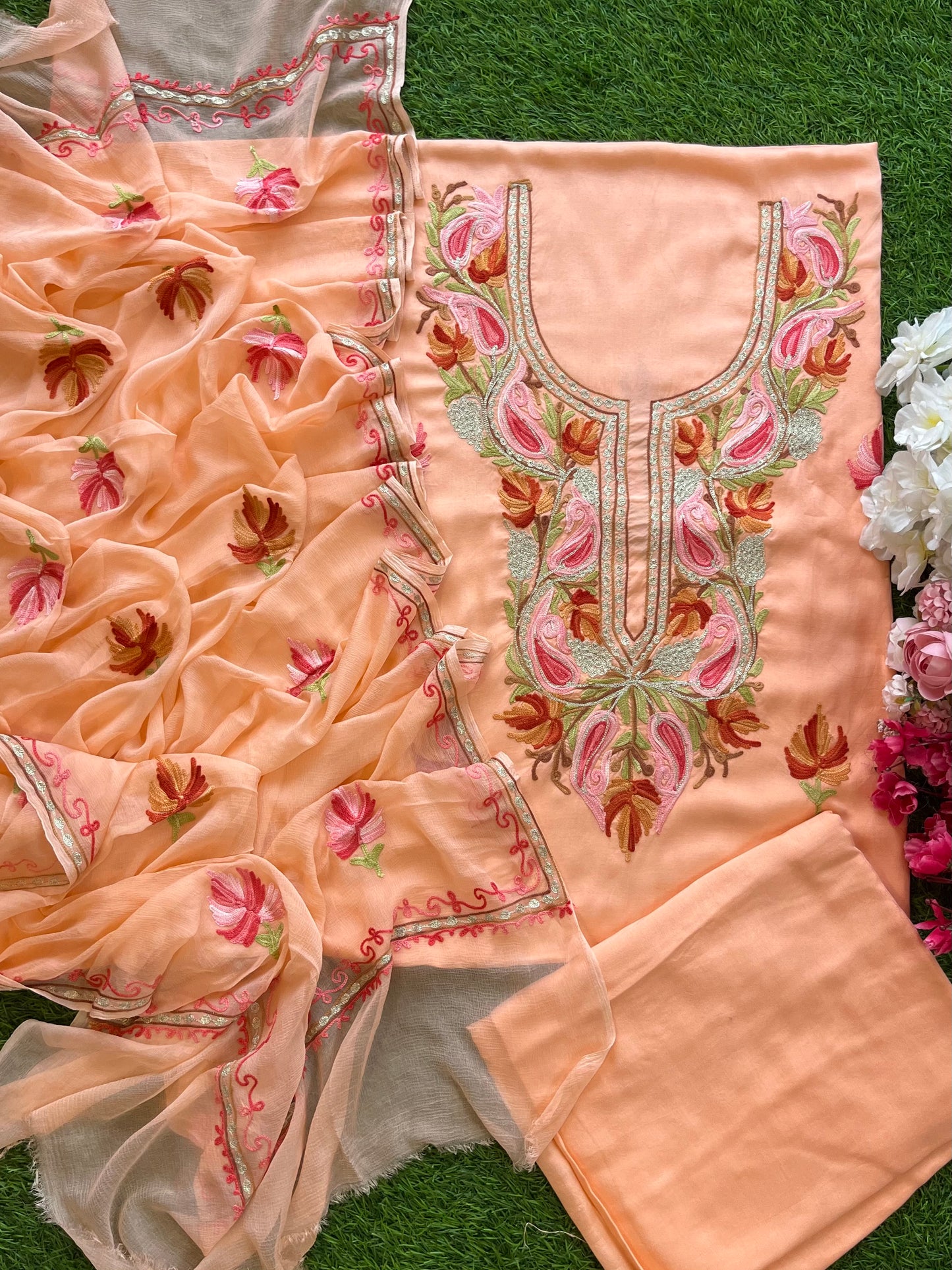 Peach Muslin Cotton Aari Embroidered 3pc set