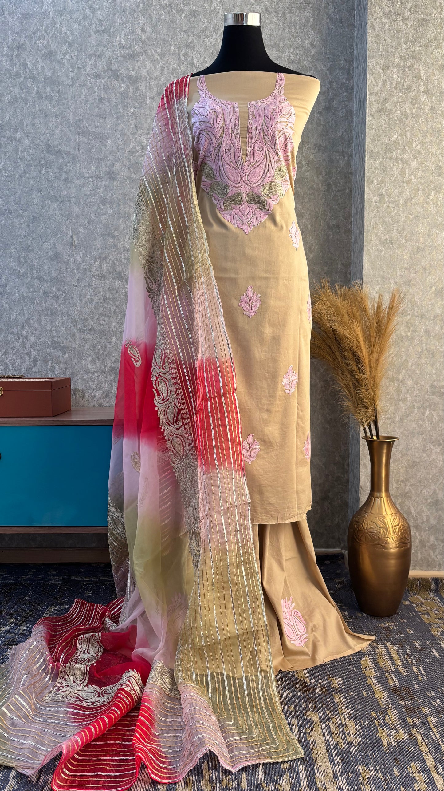 Beige Satin Cotton Kashmiri Suit