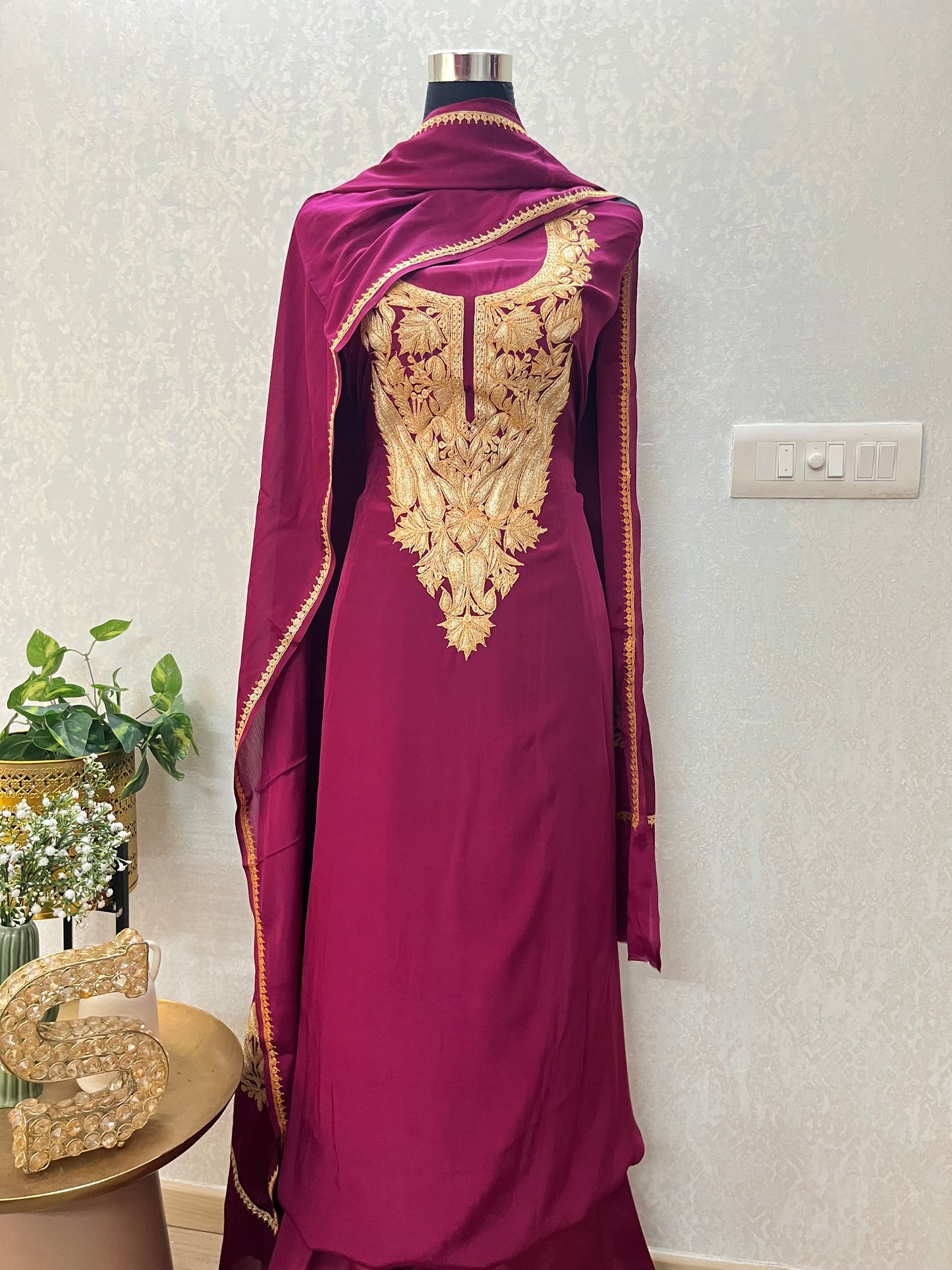 Wine Crape Puff Tilla Kashmiri Suit