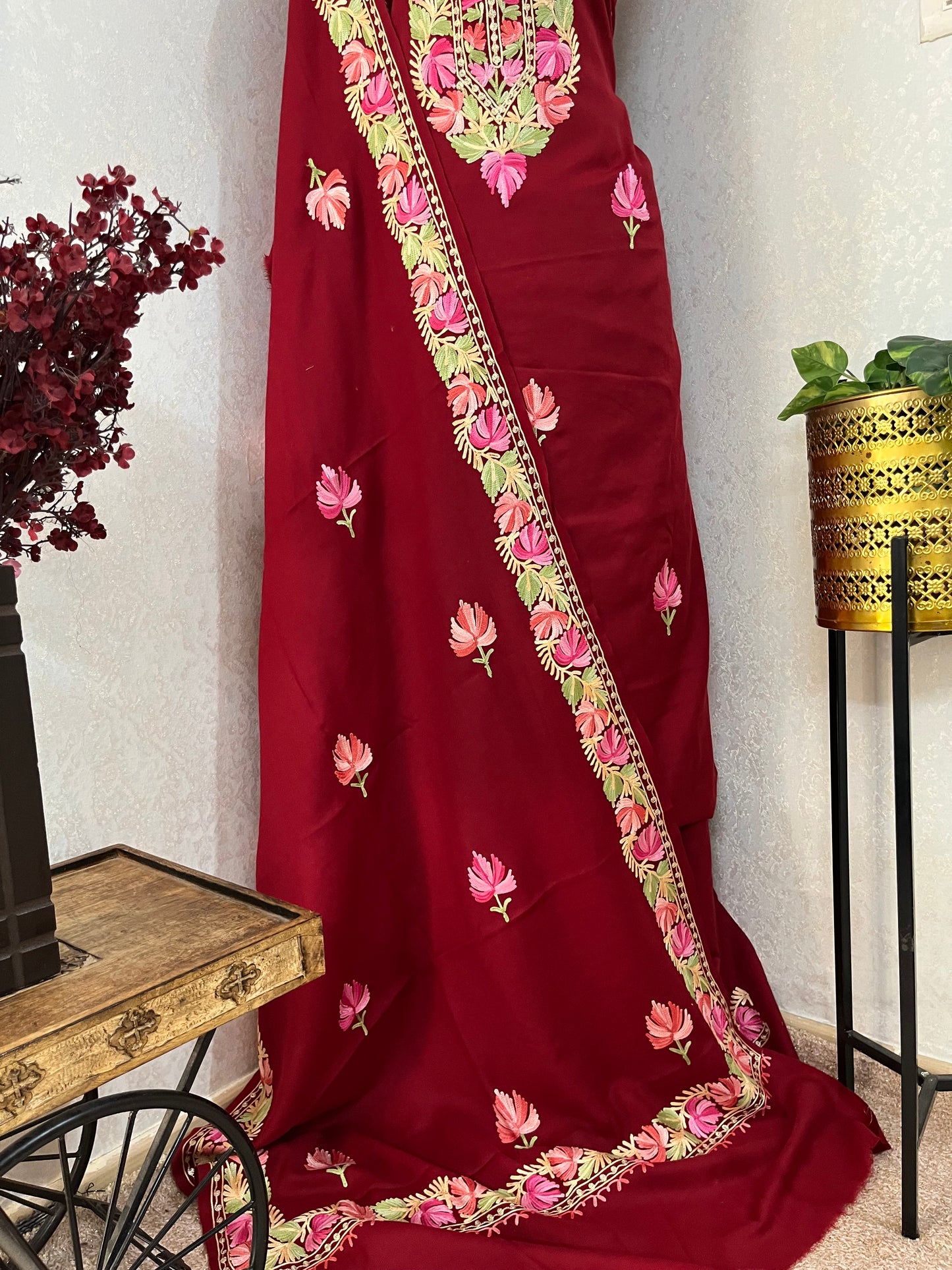 Maroon Pure Wool Aari Embroidered 3pc Suit Stole