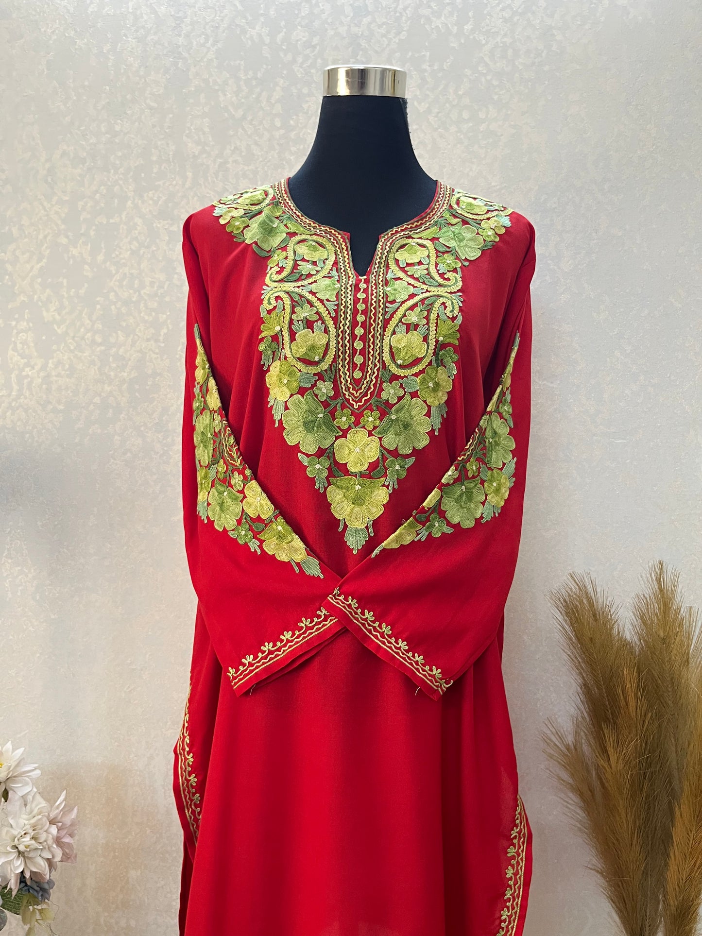 Red Cotton Aari Work Kurta