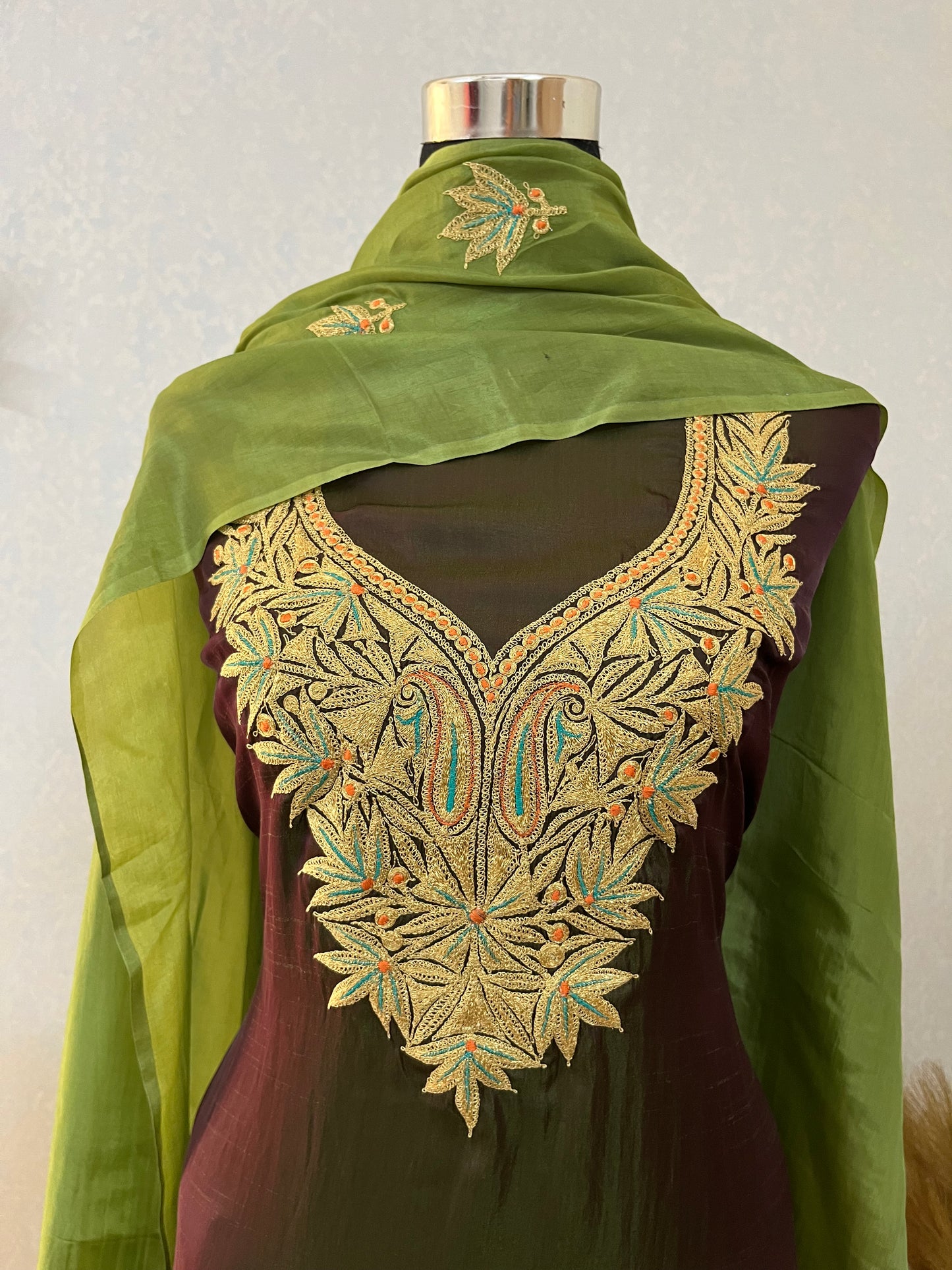 Green Silk Puff Tilla Embroidered Suit