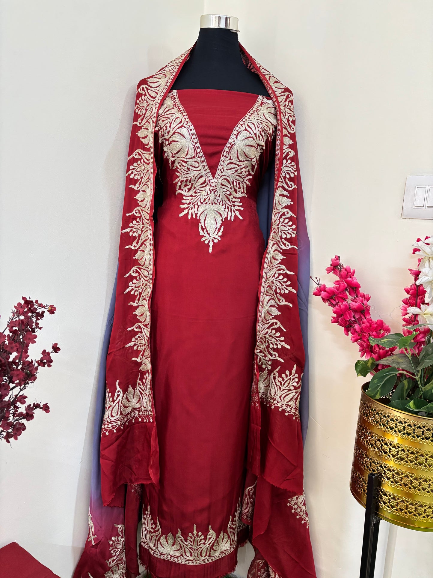 Sanam Maroon Silk Kashmiri Suit