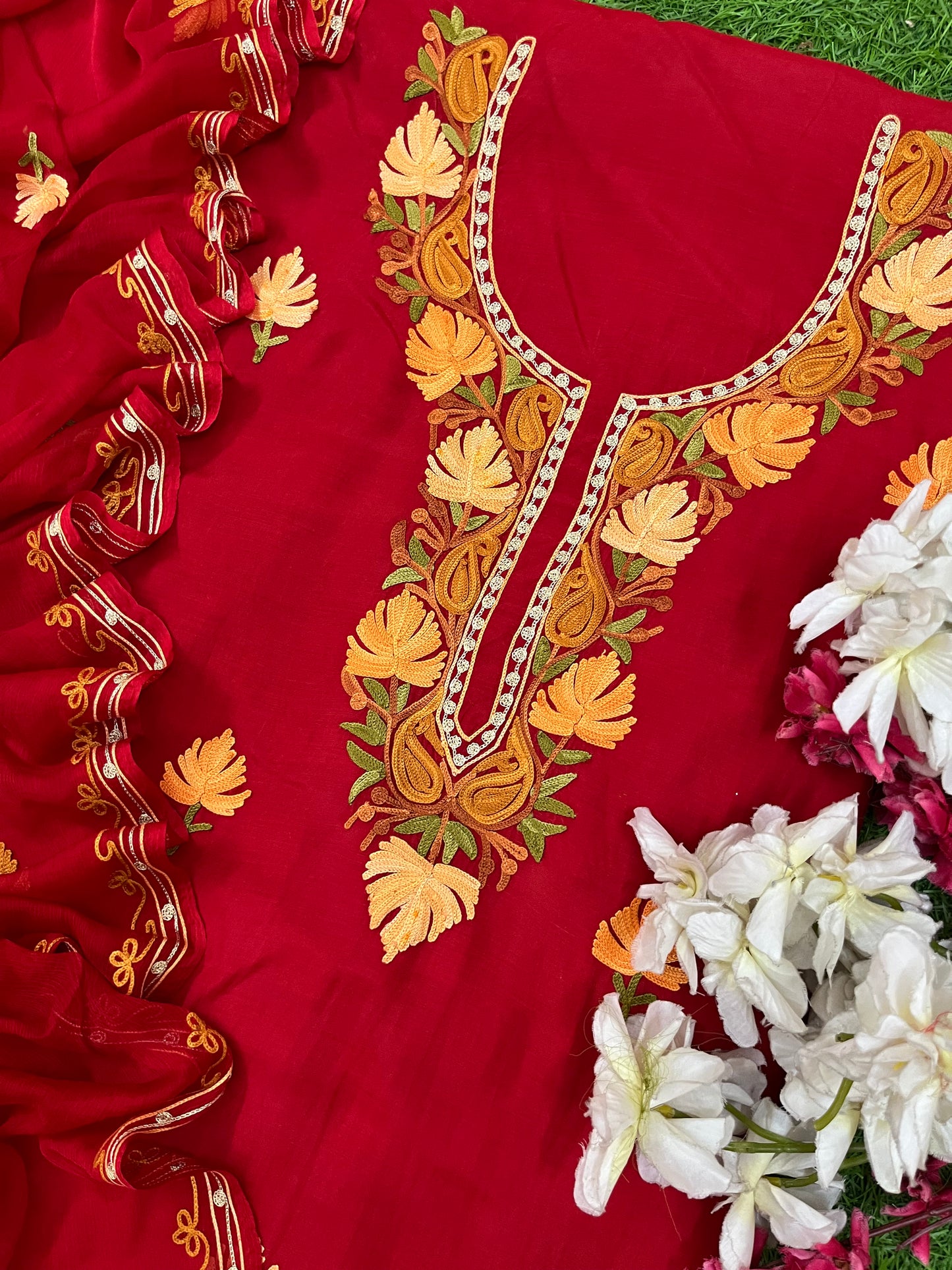 Red Muslin Cotton Jaal Sleeves Kashmiri 3pc Suit
