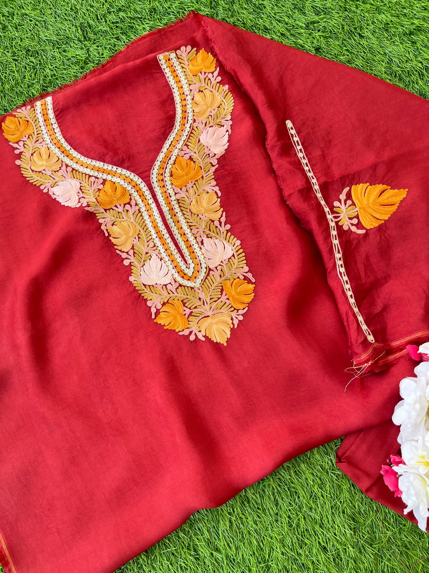 Maroon Opada Silk Aari Embroidered Suit material