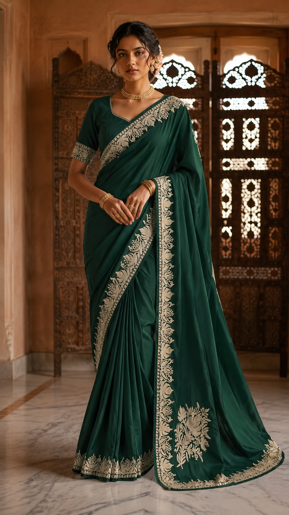 Soft Green Crape Kashmiri Tilla Saree